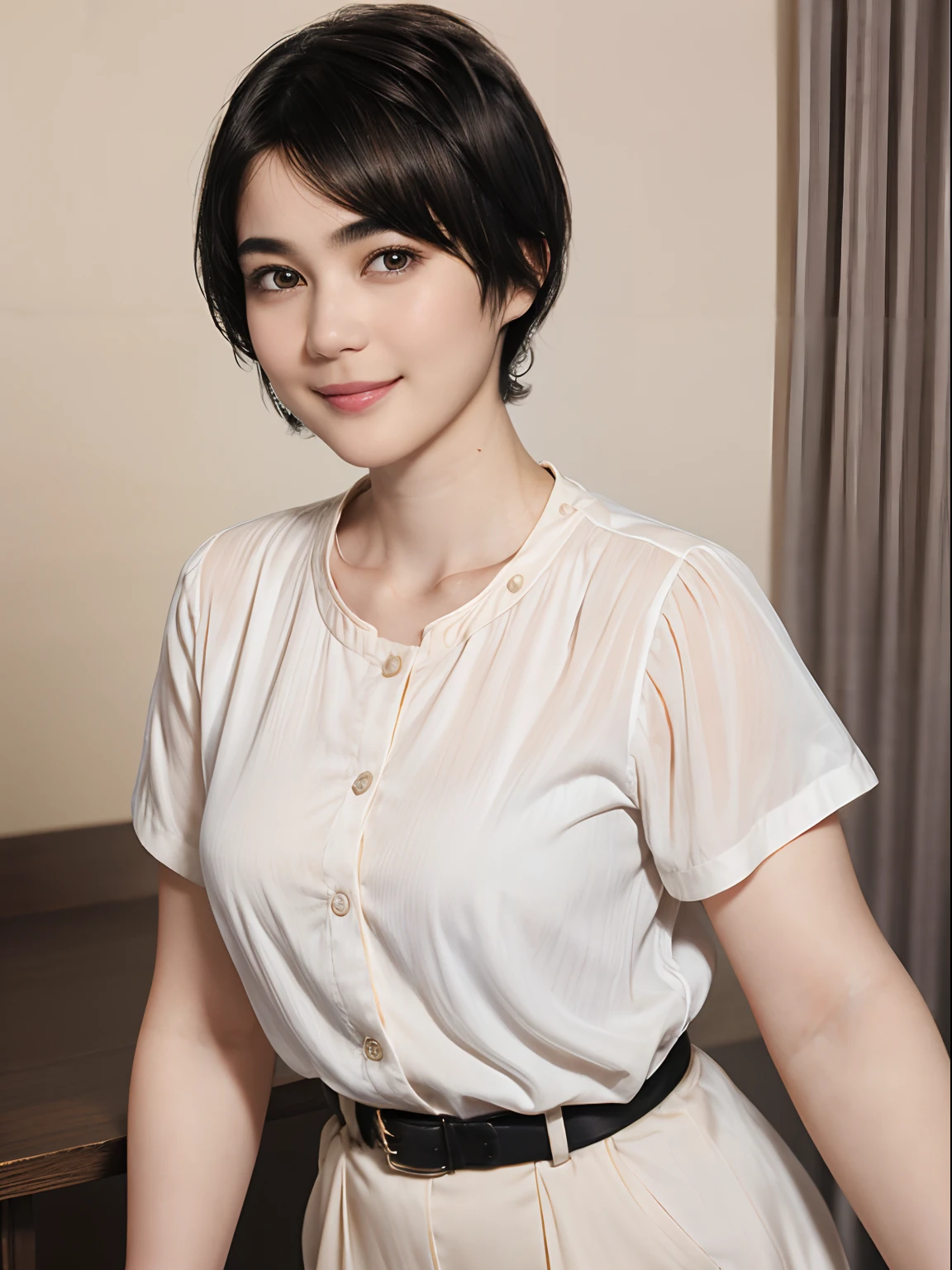 96
(a 20 yo woman,is standing), (A hyper-realistic), (high-level image quality), ((short-hair:1.46)), (Smooth black hair), (Gentle smile), (Keep your mouth shut)