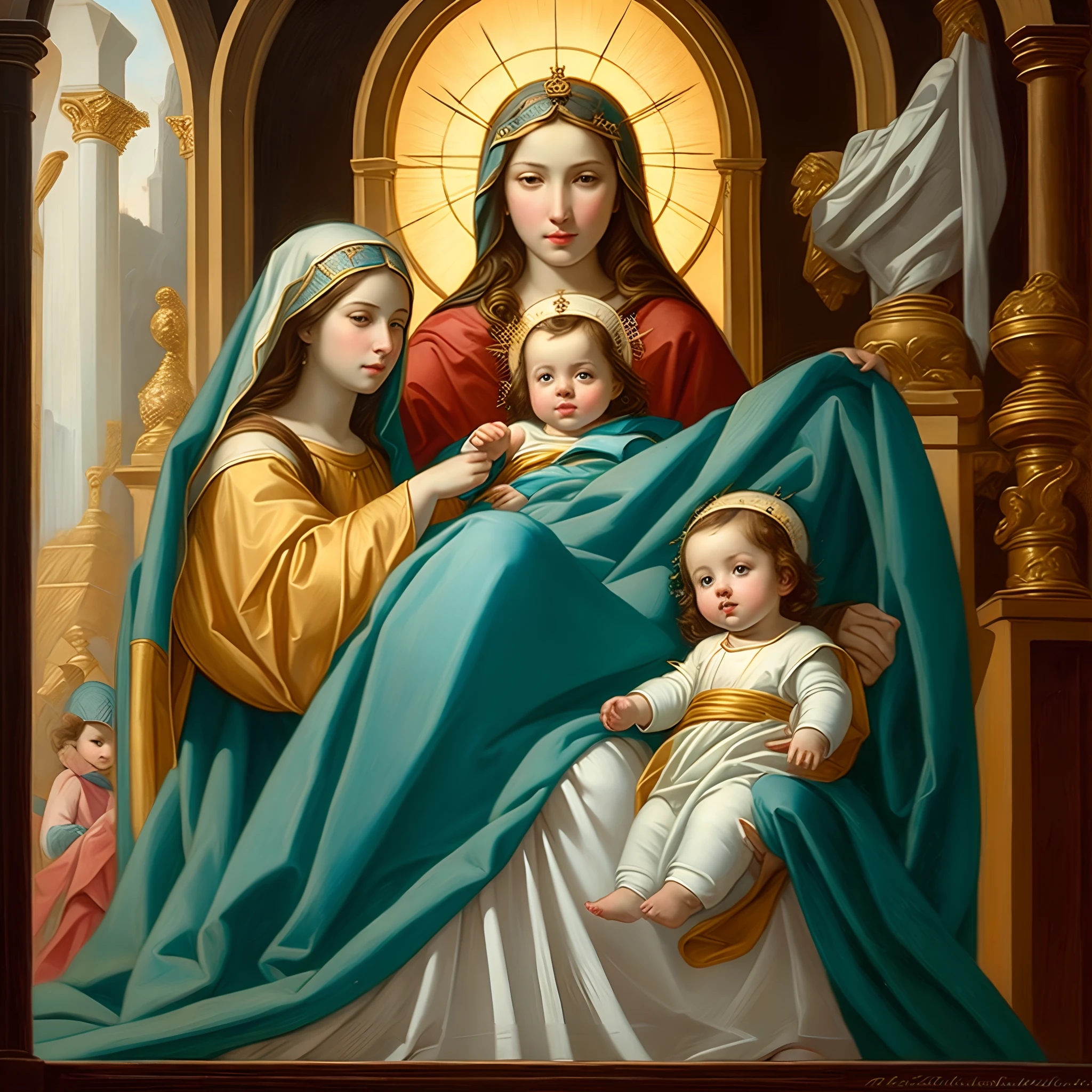 Drawing of a woman holding a in her arms, Virgin Mary, Toddler with Jesus, Mother, Queen of Heaven, Beautiful Art, painting of beautiful, Beautiful depiction, Portrait of the Virgin Mary, Catholic Religious Art, rosen maiden, Sacred and beautiful, with a blue background, Boregov, guweiz masterpiece, religious art, Christian art, Religious Paintings
information