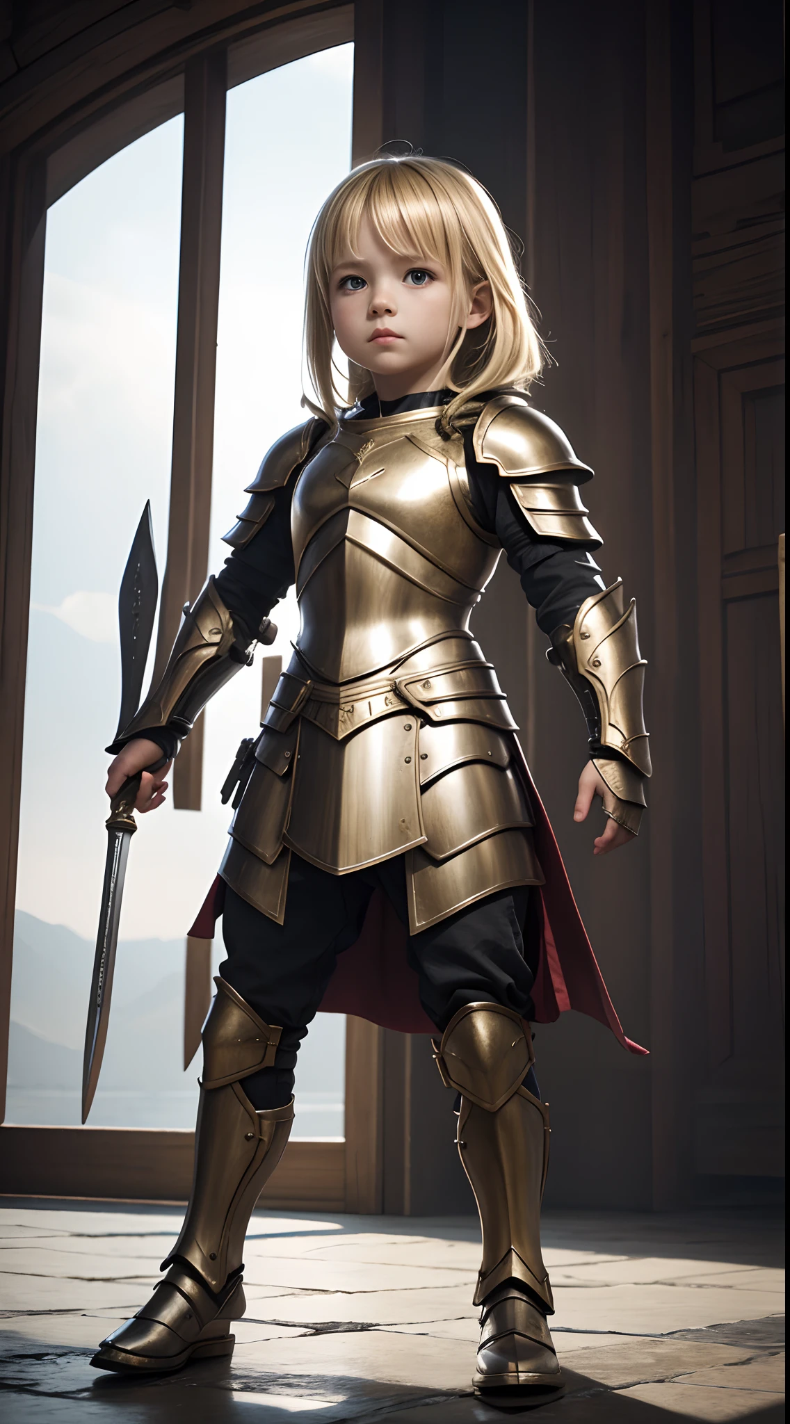 Full body *** girl,blonde,warrior kid armour, photo HD, 4k,8k