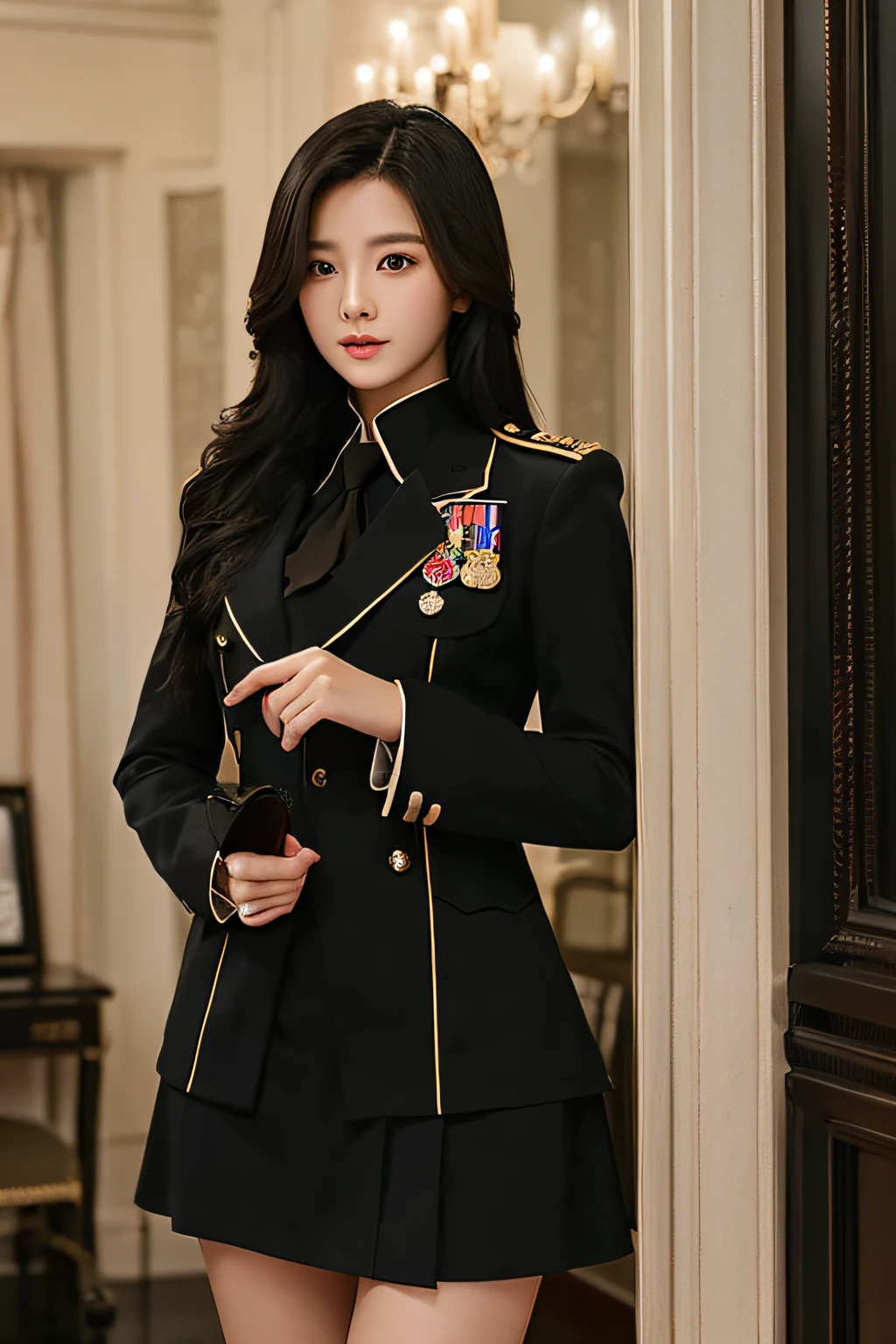 (Top resolution、distinct_image) best qualtiy、femele、beutiful breast、realisticlying、Photoquality、Black long hair、A dark-haired、bangss、17 age、military outfits、Military Academy、Black miniskirt、Background inside the house、Open chest of outerwear 1:8、Beautiful valley