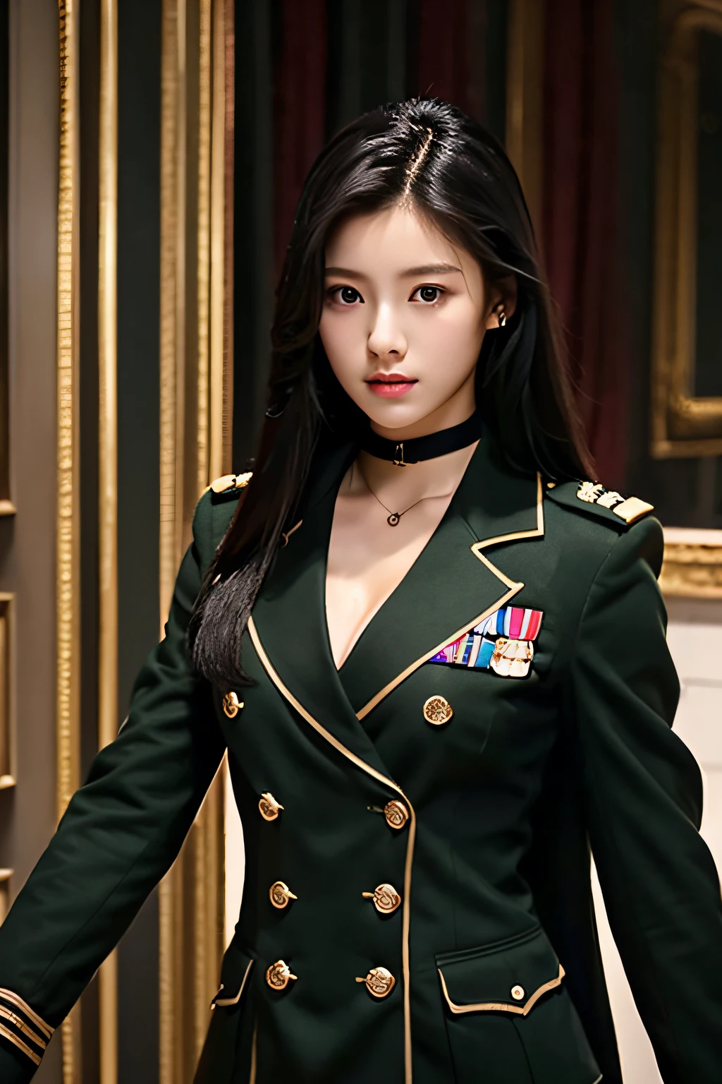 (Top resolution、distinct_image) best qualtiy、femele、beutiful breast、逼真、Photoquality、Black long hair、A dark-haired、bangss、17 age、military outfits、Military Academy、Black miniskirt、Background inside the house、Open chest of outerwear 1:9、Beautiful cleavage 1:2