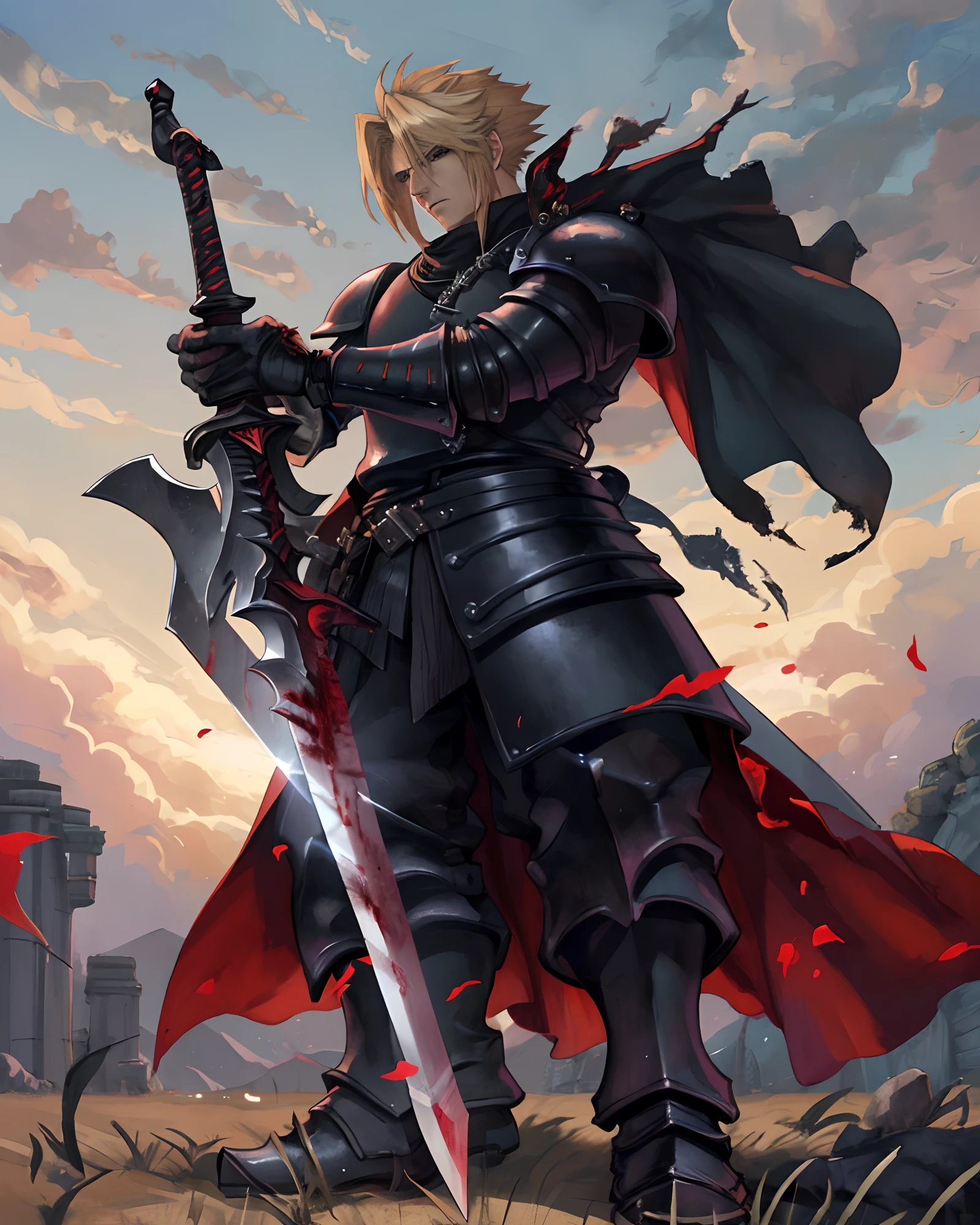 a man in armor holding a sword cloud strife final fantasy vii, in a field, blood knight, handsome male god of death, with great sword,, ares with heavy armor and sword, dark fantasy style art detailed anime art