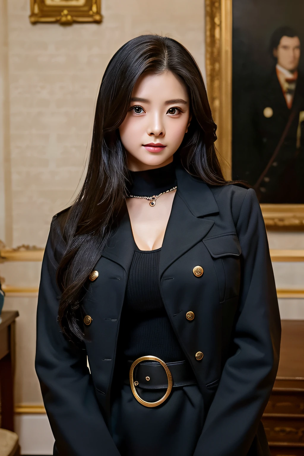 (Top resolution、distinct_image) best qualtiy、femele、beutiful breast、realisticlying、Photoquality、Black long hair、A dark-haired、bangss、17 age、Black military uniform、Military Academy、Black miniskirt、Background inside the house、Open chest of outerwear 1:7、Beautiful cleavage 1:2、