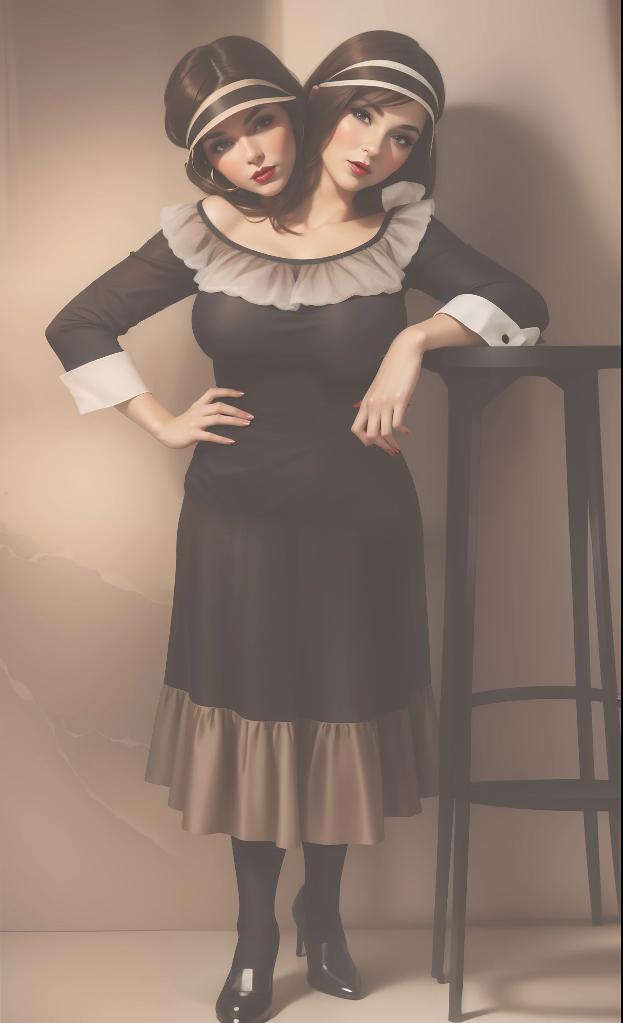 2 heads,Portrait of a 40-year-old woman with brown hair, a captivating gaze, Brown eyes, Wrinkles on her face, Black pantyhose,She wears very sexy lingerie that reveals her big sagging breasts, Light makeup and red lips. 32K