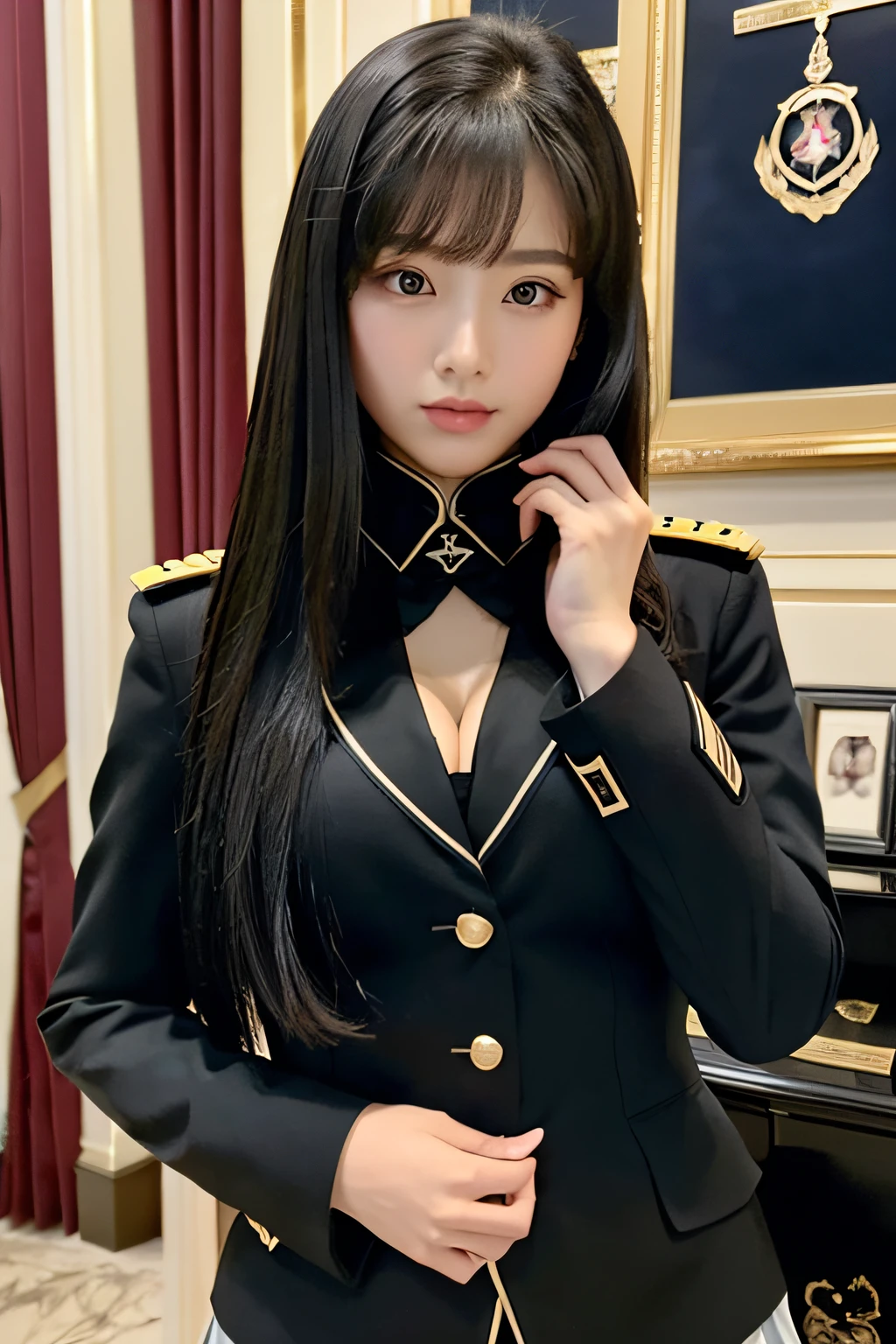 (Top resolution、distinct_image) best qualtiy、femele、beutiful breast、realisticlying、Photoquality、Black long hair、A dark-haired、bangss、、Black military uniform、Military Academy、Black miniskirt、Background inside the house、Open chest of outerwear 1:6、Beautiful cleavage 1:2