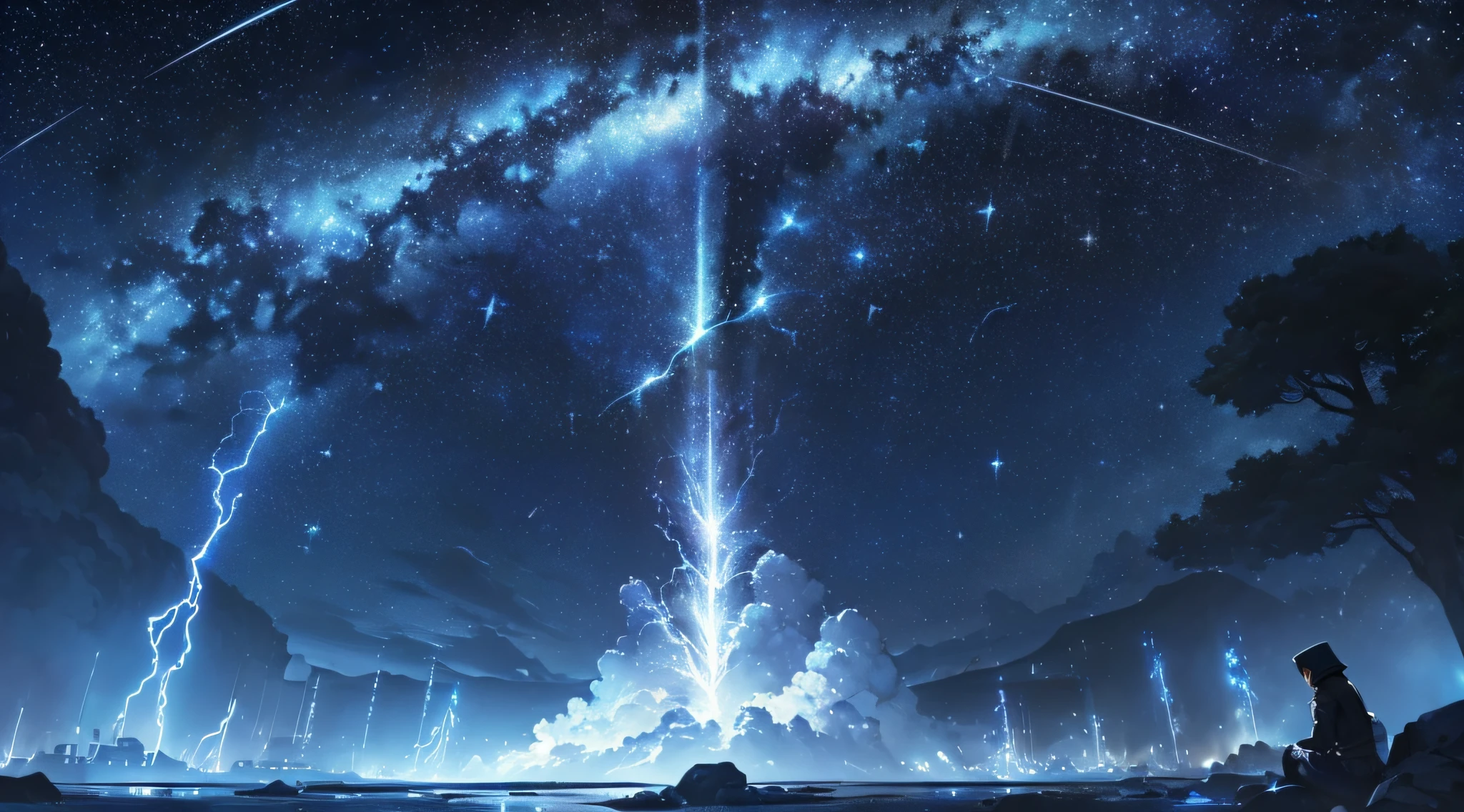 masterpiece、Background with((Fantastic starry sky、meteors、Blue lightning、plural、very heavy rain))、Depth((Planets that glow blue))、Looking up