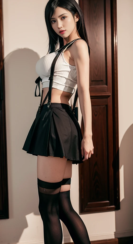 Tifa Lockhart, usando regata branca, Wearing black mini skirt with suspenders, usando bota preta