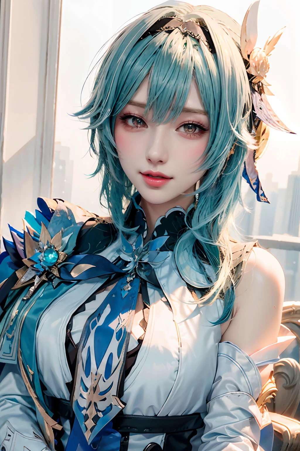 Beauty of a goddess, slim face, beautiful wan, 1girl, solo, (masterpiece:1.2), best quality, eula, genshin, high detailed, 8K resolution, looking at viewers, eula from genshin impact, outdoor, hairband, blue hair, necktie, cape, vision \(genshin impact\), long sleeves, gloves, sidelocks, (smiling), slender figure, ((wide beautiful eyes)), ((a close up portrait photo, head to bust))