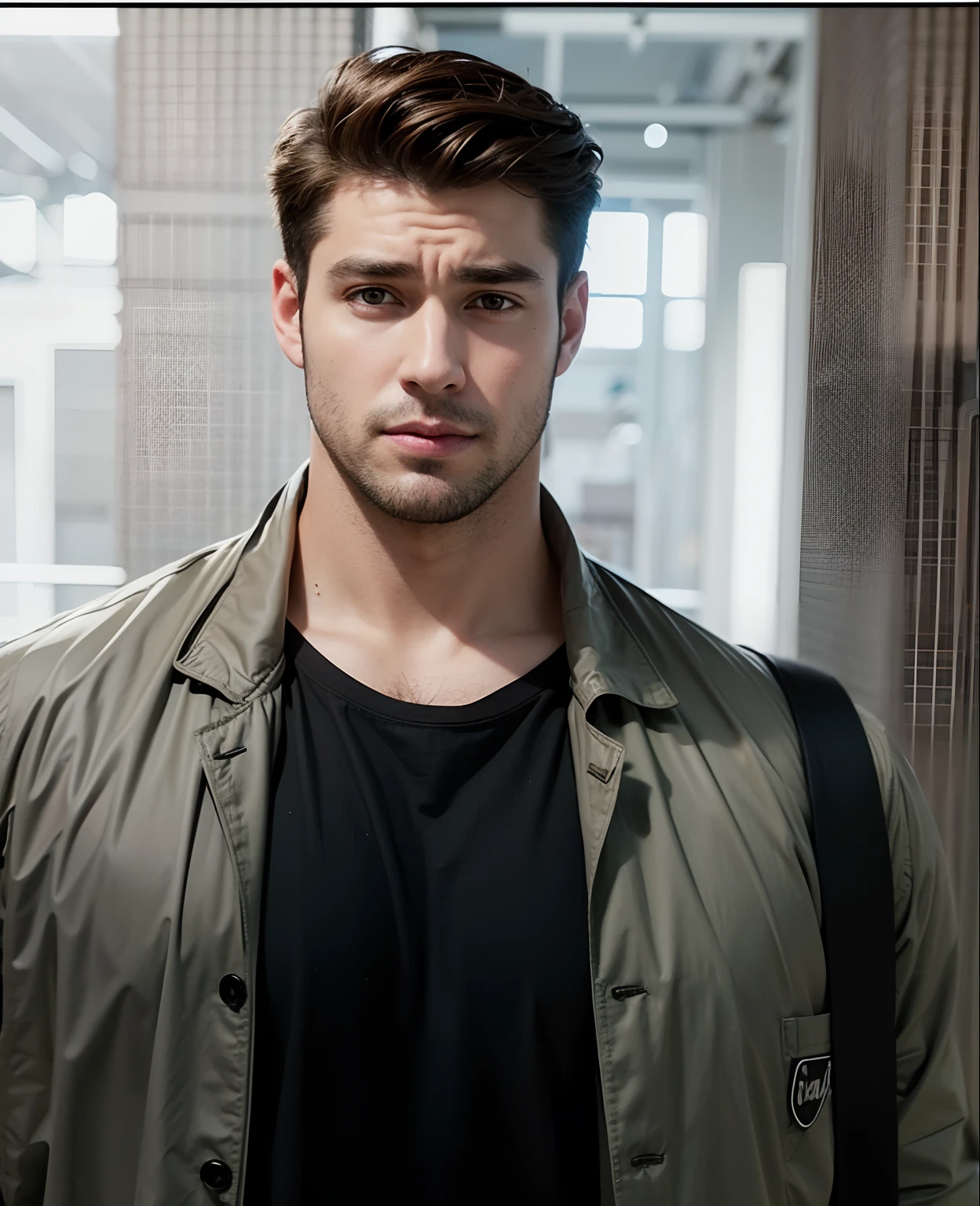 A man with a realistic big body, realistic brown hair, exactly the same hairstyle, realistic handsome face, realistic cool expression, adapts exactly the same clothes, realistic light, Realistic shadows, realistic backgrounds,Realistic black sling bag