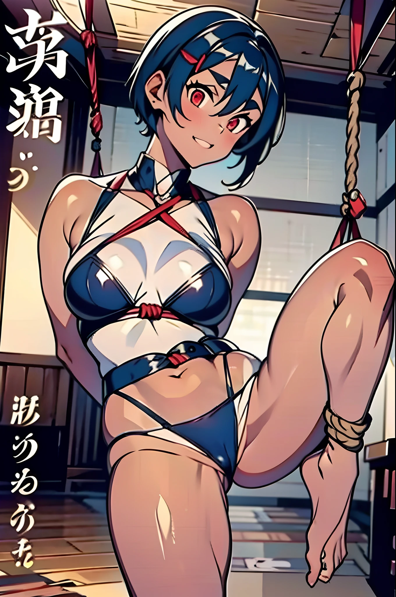 KINBAKU, sfw, clothing, bound and restrained by rough ropes, One leg is bound and hung from the ceiling, Both arms were bound behind his back and tied to a rough rope hanging from the ceiling, 1girl, solo, KUON, short hair, black hair, blue inner hair, tsurime, red hairclip, red eyes, thick eyebrows, dark skin, large brests,