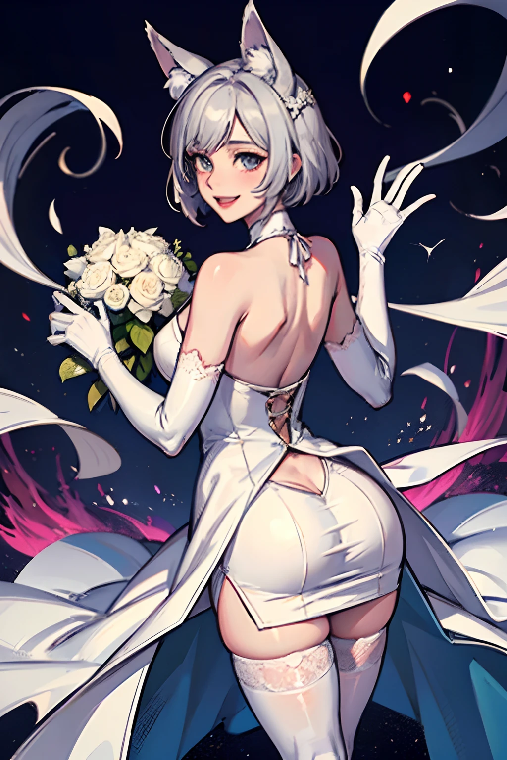 masutepiece The highest image quality Super vividness femele((Only one person)(Adults)) White Long Gloves((blanche)(gloves)) white stockings((blanche)(stockings)) weddingdress cheek(rot) a smile The hair(Grey hair(short-hair)(wave) Wolf ears backs