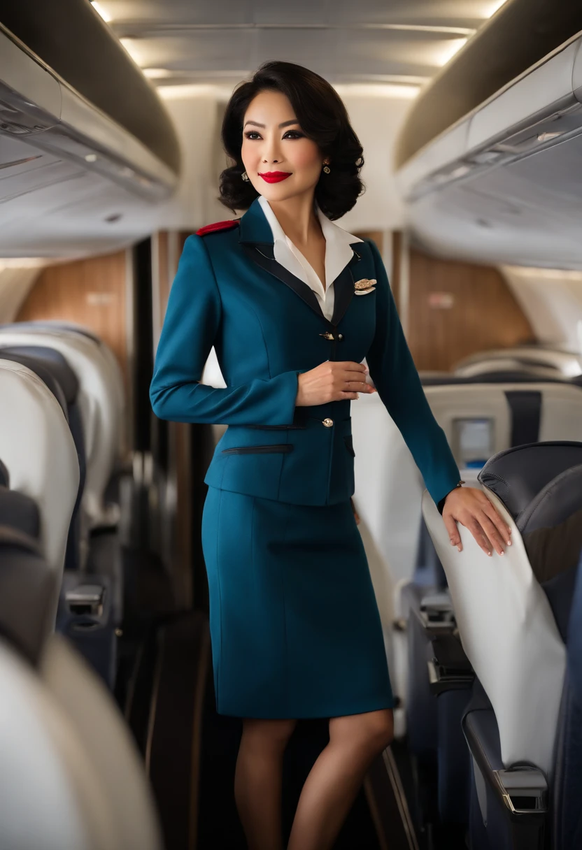 Yumiko Shaku、1womanl, 40 years、hyperdetailed face、Detailed lips、A detailed eye、二重まぶた、(Black bob hair、Like an airplane stewardess々Do a good job)、(Stewardess uniform:1.2)、(Glamorous body)、(Colossal tits)、smil、thighs thighs thighs thighs, Perfect fit, Perfect image realism, Background with: (Business Class aisle on airplanes:1.2), Cowboy Shot, Meticulous background, detailed costume, Perfect litthing、Hyper-Realism、(Photorealsitic:1.4)、8K maximum resolution, (​masterpiece), ighly detailed, Professional
