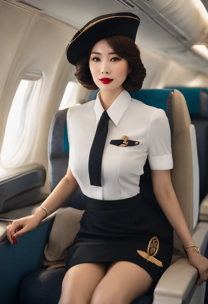 Yumiko Shaku、1womanl, 40 years、hyperdetailed face、Detailed lips、A detailed eye、二重まぶた、(Black bob hair、Like an airplane stewardess々Do a good job)、(Stewardess uniform:1.2)、(Glamorous body)、(Colossal tits)、smil、thighs thighs thighs thighs, Perfect fit, Perfect image realism, Background with: (Business Class aisle on airplanes:1.2), Cowboy Shot, Meticulous background, detailed costume, Perfect litthing、Hyper-Realism、(Photorealsitic:1.4)、8K maximum resolution, (masterpiece), ighly detailed, Professional