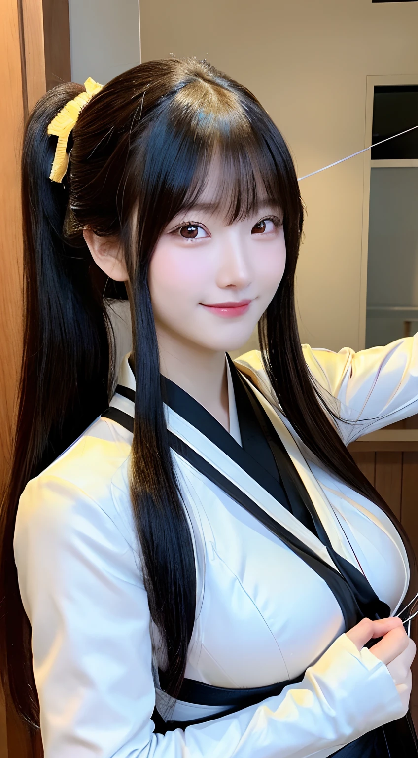(top-quality,8K picture quality,masterpiece:1.3,),(超A high resolution,Photorealsitic:1.4,Raw photography),(ultra-detailliert,shinny skin,Detailed skin),(Detailed face,Perfect Anatomy,Caustics),(White archery suit:1.1),(Hakama:1.1),(Grab a bow and arrow and hold it:1.3),(Kyudojo:1.2),(fully body photo),18year old,japanes,Japanese ido,a smile,A dark-haired,High ponytail,(large boob),natural soft light