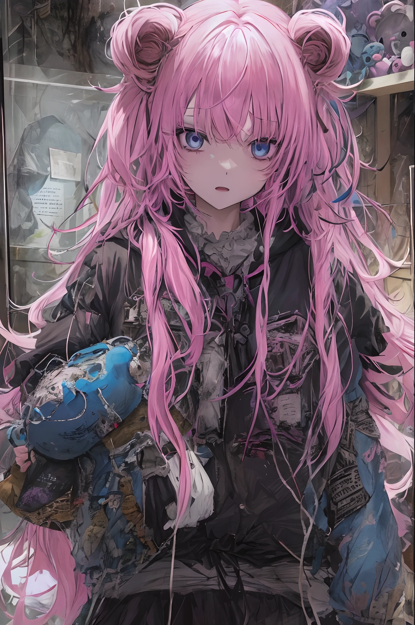 1girl in、A pink-haired、blue eyess、(cowboys_shot:1.2)、sface focus、length hair、side locks、terrifying、(terror:1.1)expressioness、teddy bears、Atmospheric lighting、sullenness、Dark、Old Ruins Museum、Clear glass display case filled with interesting objects、dusty、Post-apocalypse、Cobweb、magnifica、Beautiful 8K wallpapers、ighly detailed、Convoluted、Black clothe、Black hoodie