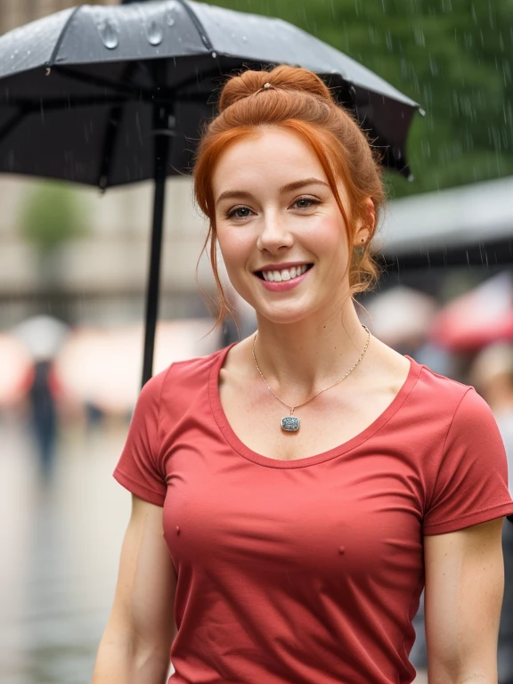 attractive welsh woman, ripped muscle, muscular body, pale skin, smile(blush), short sleeve  tshirt, thin necklace, [ultra detailed skin:1.2], ginger hair, hair bun, 8k uhd, full body, stand, crowd, public, rain,