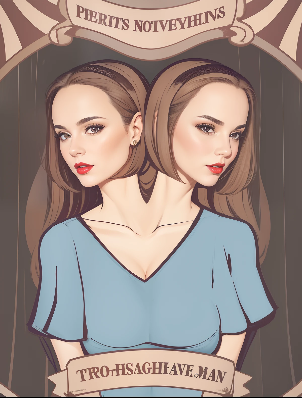 2 heads,Portrait of a 40-year-old woman with brown hair, a captivating gaze, Brown eyes, Wrinkles on her face, Black pantyhose,She wears very sexy lingerie that reveals her big sagging breasts, Light makeup and red lips. 32K