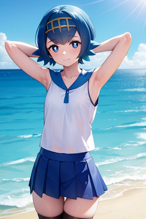 pokemonlana, pokemonlana, blue eyes, blue hair, freckles, hairband, short hair, white pupils, yellow hairband, (bright pupils:1.5),
BREAK bare arms, black thighhighs, blue sailor collar, blue skirt, collarbone, one-piece swimsuit, pleated skirt, sailor collar, shirt, skirt, sleeveless, sleeveless shirt, swimsuit, swimsuit under clothes, thighhighs, white shirt,
BREAK looking at viewer, full body, (cowboy shot:1.5),
BREAK outdoors, beach, ocean, sea,
BREAK (masterpiece:1.2), best quality, high resolution, unity 8k wallpaper, (illustration:0.8), (beautiful detailed eyes:1.6), extremely detailed face, perfect lighting, extremely detailed CG, (perfect hands, perfect anatomy), contrapposto, spread armpit, arms behind head, smile,