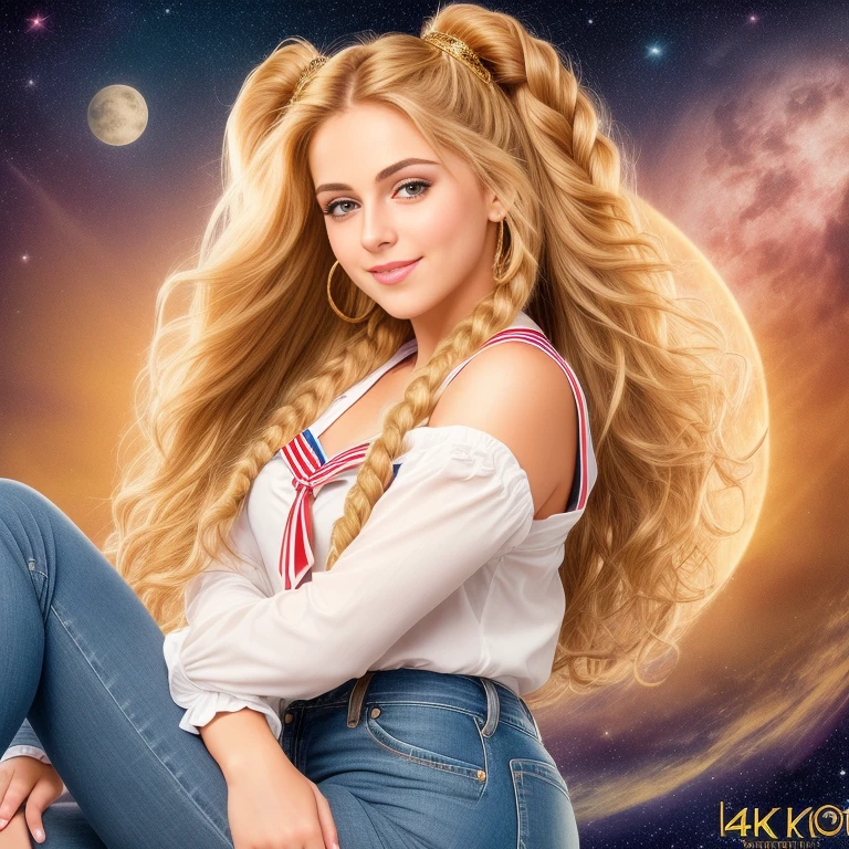 (best quality, RAW photography, extremely detailed, 4k,8k,high res,masterpiece:1.2),ultra-detailed, photorealistic, full body shot,golden bronde hair in braids Mature and beautiful, realistic portrayal:1.2 Sailor Moon smiling posing for a photoshoot, dressed up in jeans. The backdrop is full of moons