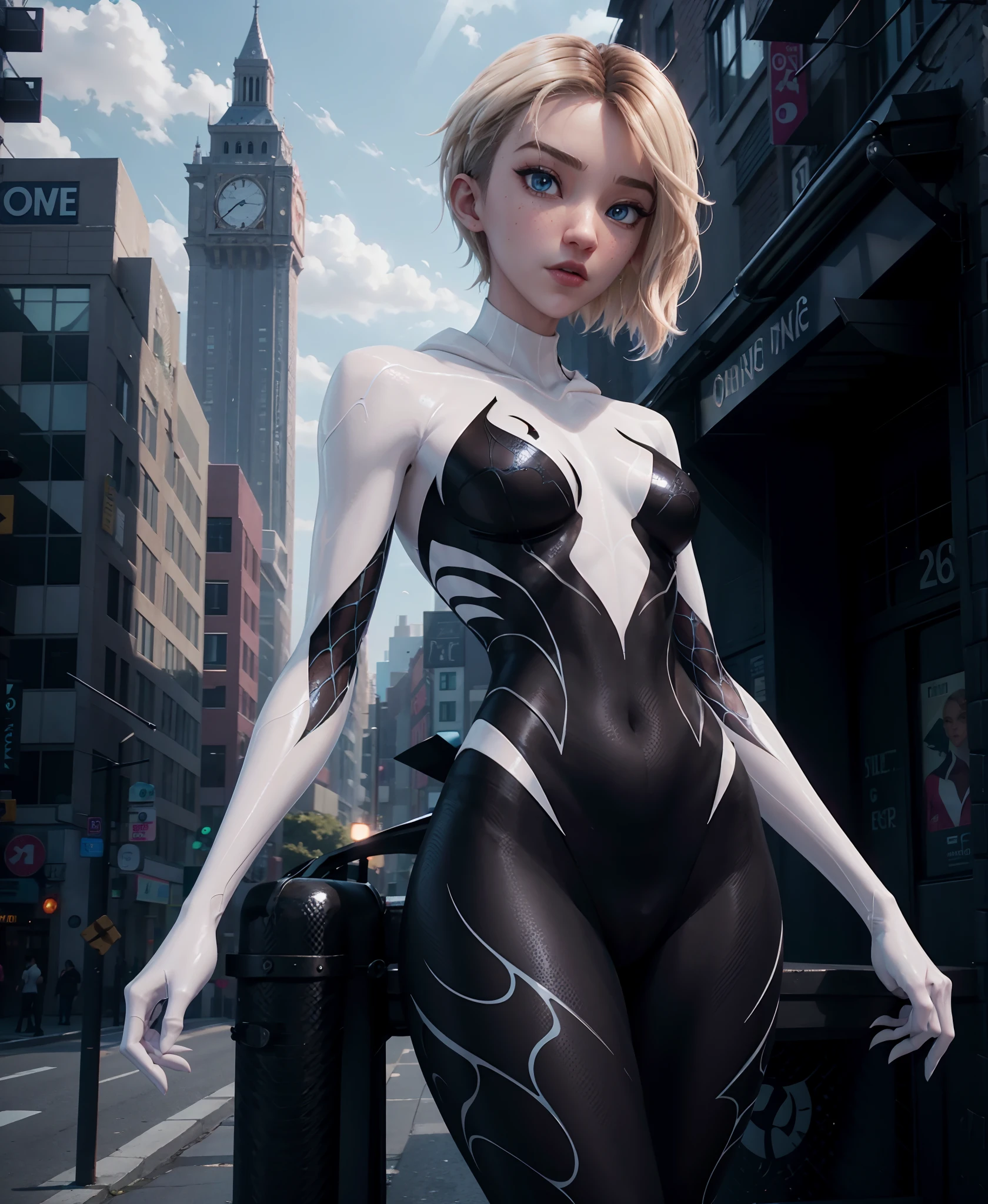 Gwen Aranha, organic-looking clothing (degree of transparency) organic clothing Venom Symbiote, fine art, PS5 cinematic screenshot, Highly detailed cinematic rendering, ultra photorealistic raytricing, with cinematic lighting, (natural pointy breasts:1.2), wide hips correct anatomy.