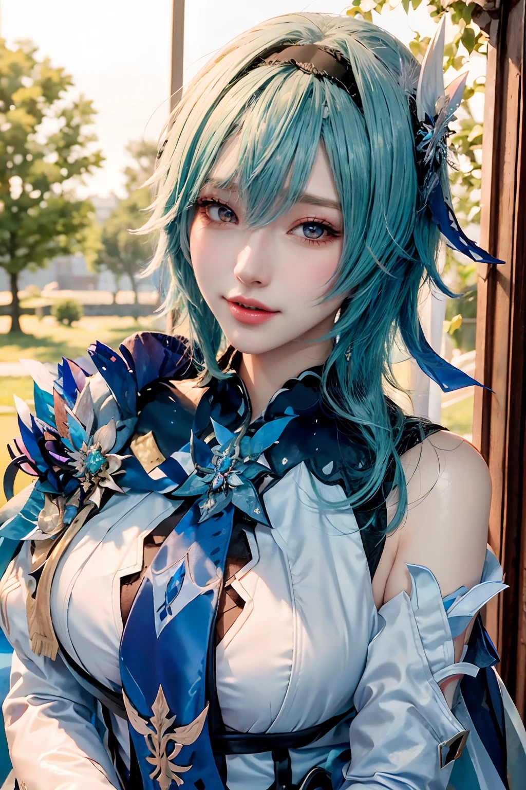 Beauty of a goddess, slim face, beautiful wan, 1girl, solo, (masterpiece:1.2), best quality, eula, genshin, high detailed, 8K resolution, looking at viewers, eula from genshin impact, outdoor, hairband, blue hair, necktie, cape, ((vision \(genshin impact\) )), long sleeves, gloves, sidelocks, (smiling), slender figure, ((wide beautiful eyes)), ((a close up portrait photo, head to bust))