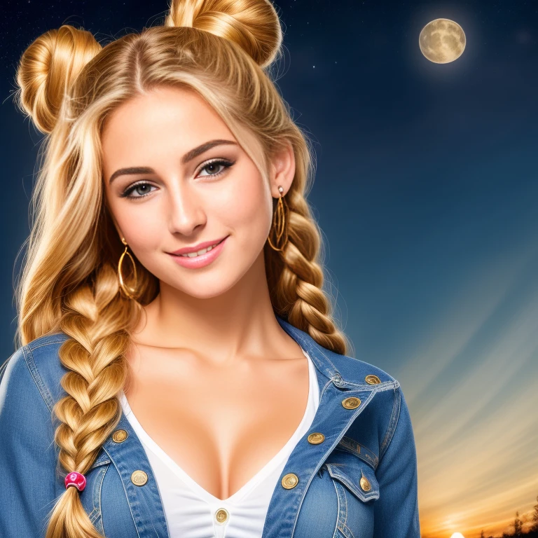 (best quality, RAW photography, extremely detailed, 4k,8k,high res,masterpiece:1.2),ultra-detailed, photorealistic, full body shot,golden bronde hair in braids Mature and beautiful, realistic portrayal:1.2 Sailor Moon smiling posing for a photoshoot, dressed up in jeans. The backdrop is full of moons