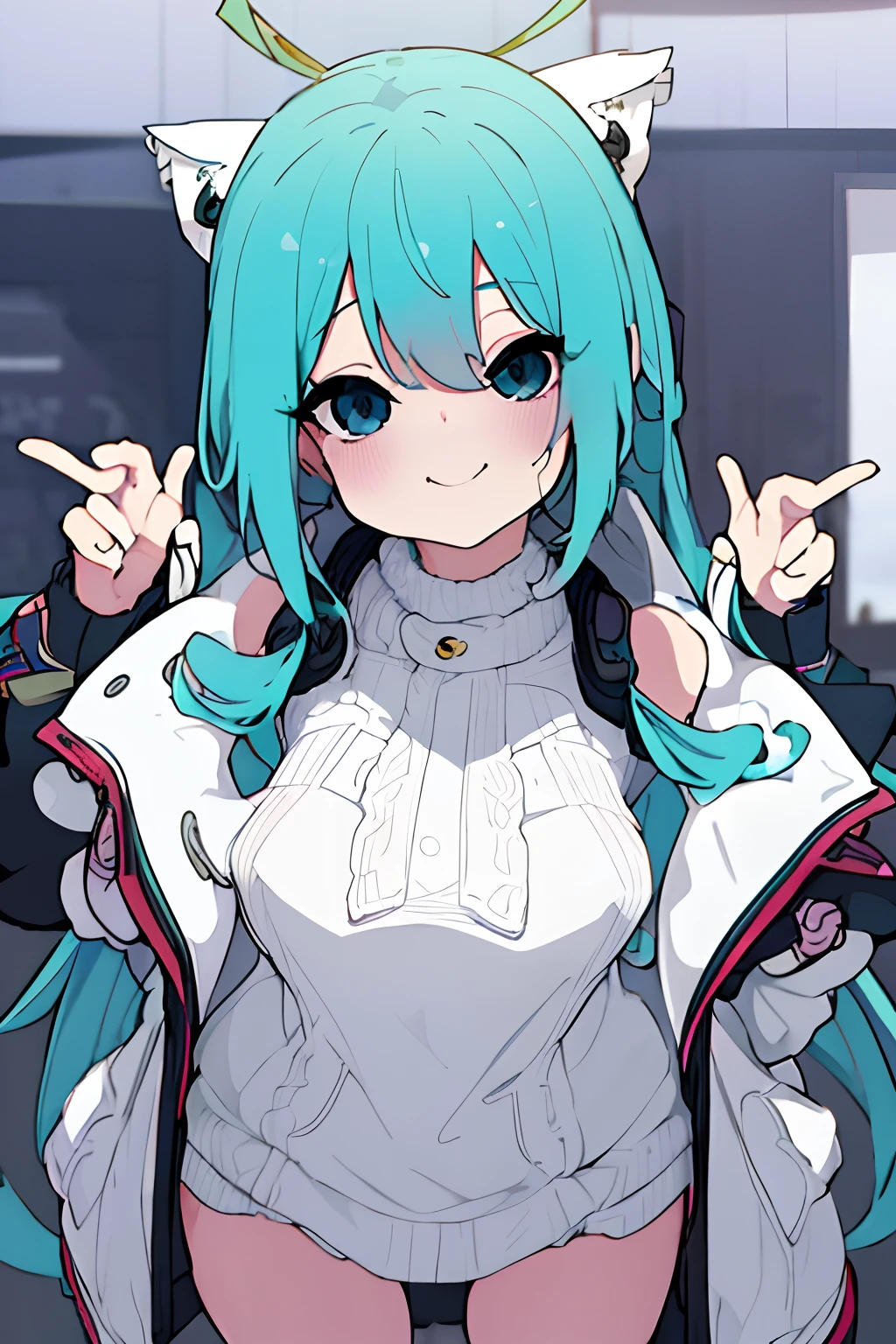 (top-quality、Masterpiece 1.2)、detaileds、1girl in、独奏、looking at the viewers、simple background、、uwu、Curvaceous、The upper part of the body、proximity
Standing、a smile、A detailed eye、A detailed face、Realistic and adorable face、cute little、miku hatsune、log eyelashes、deadpan、parka
Elbow hand out of the frame、bblurry、