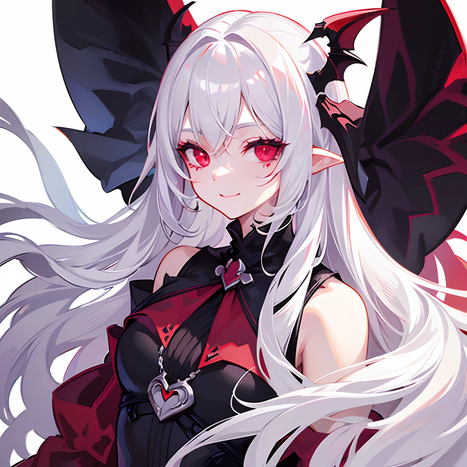 1girl, cute, white background, white hair, vampire, horror, red eyes, long white hair, vampire queen, heart mark on cheek, mark on cheeks, winking, smiling, face focus