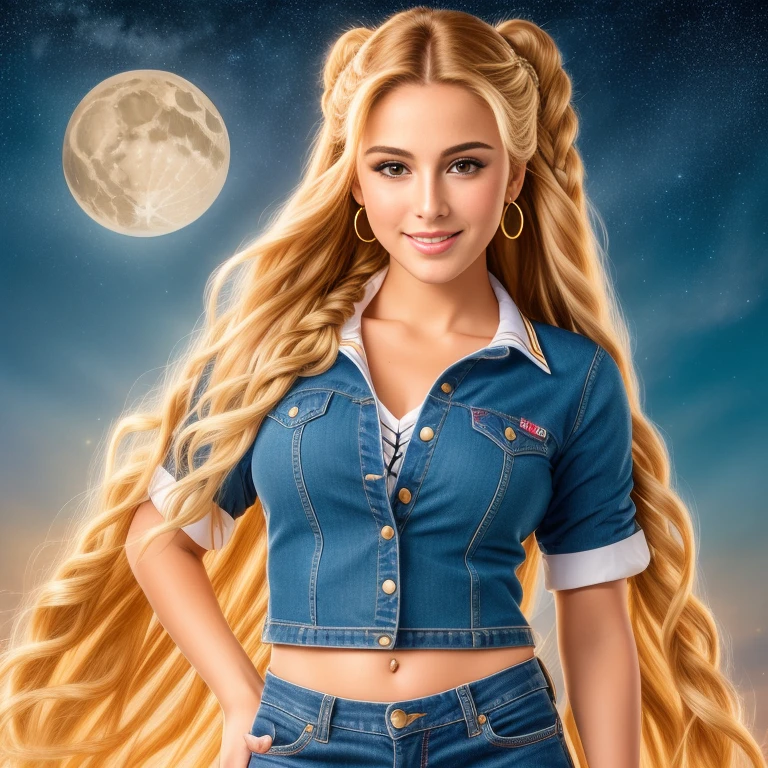 (best quality, RAW photography, extremely detailed, 4k,8k,high res,masterpiece:1.2),ultra-detailed, photorealistic, full body shot,golden bronde hair in braids Mature and beautiful, realistic portrayal:1.2 Sailor Moon smiling posing for a photoshoot, dressed up in jeans. The backdrop is full of moons
