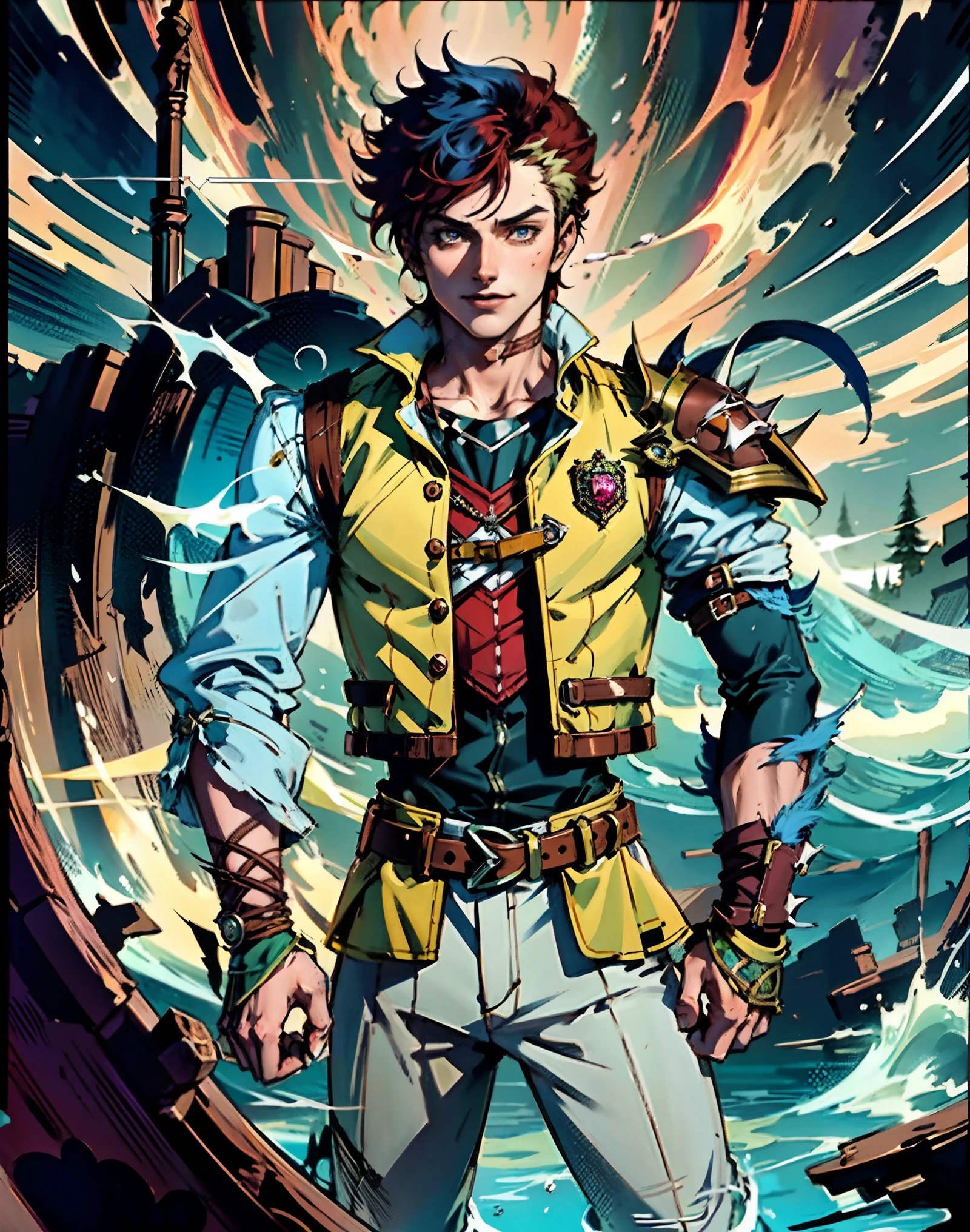 A boy, short brown hair, spiked in the middle with a tuft of red hair, sharp gaze, a playful smile, a fantasy-style two-piece outfit, a dark-colored tight-fitting undershirt, a light-colored vest with wave patterns, a multifunctional belt, utility trousers, the surroundings depict swiftly flowing air, a high-speed blurred background, conveying a sense of speed, this character embodies a finely crafted fantasy-realistic style adventurer in anime style, characterized by an exquisite and mature manga illustration art style, high definition, best quality, highres, ultra-detailed, ultra-fine painting, extremely delicate, professional, anatomically correct, symmetrical face, extremely detailed eyes and face, high quality eyes, creativity, RAW photo, UHD, 8k, Natural light, cinematic lighting, masterpiece-anatomy-perfect, masterpiece:1.5