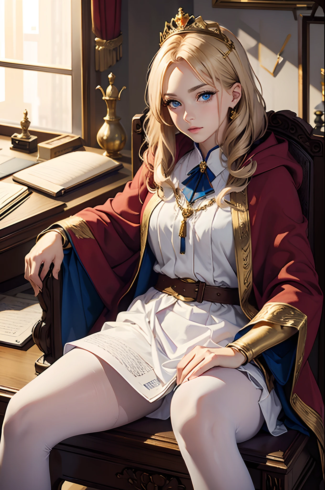 (Masterpiece: 1.2, Best quality), Realistic, (Realistic picture, Complex details, Depth of field), Best quality, Masterpiece, Highly detailed, Half realistic, 1 girl, Mature female, 21 years old, with short golden hair, The left eye is covered with hair, Blue eyes, The king's clothes, Red cloak, Slim figure, A crown made of precious gold, Read and mark up documents, quill, office desk, Soft bench,02
