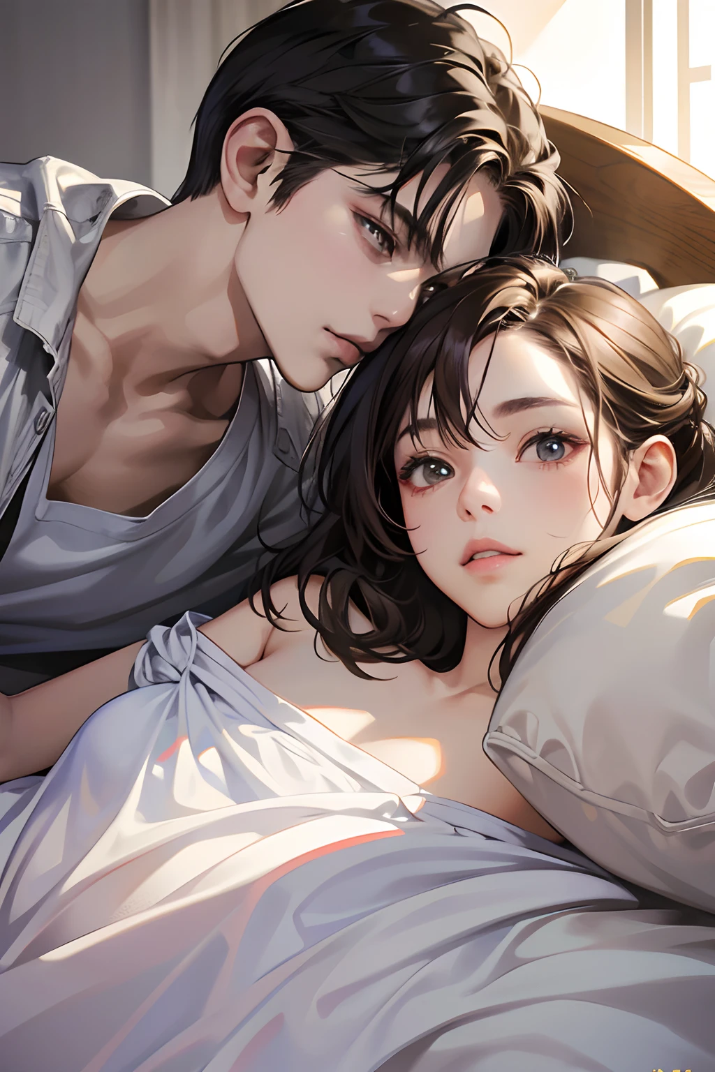 (masutepiece, Digital Art, Digital Illustration, 4K, 8K, Ultra-detailed, beautiful image, Sharp Image, Photorealistic, Raw photo, Perfect face, Perfect lines, Perfect eyes, Soft lighting) , a couple, 1 girl 1 boy, Hair color is different, Chignon's brown hair and brown eyes, Short black hair and gray eyes, Romance, Lie down、Bedrooms