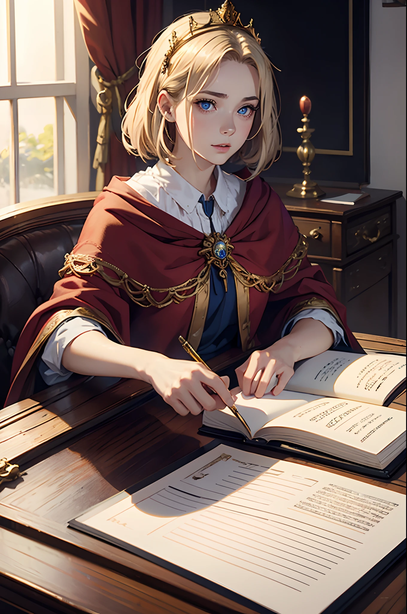 (Masterpiece: 1.2, Best quality), Realistic, (Realistic picture, Complex details, Depth of field), Best quality, Masterpiece, Highly detailed, Half realistic, 1 girl, Mature female, 21 years old, with short golden hair, The left eye is covered with hair, Blue eyes, The king's clothes, Red cloak, Slim figure, A crown made of precious gold, Read and mark up documents, quill, office desk, Soft bench,03