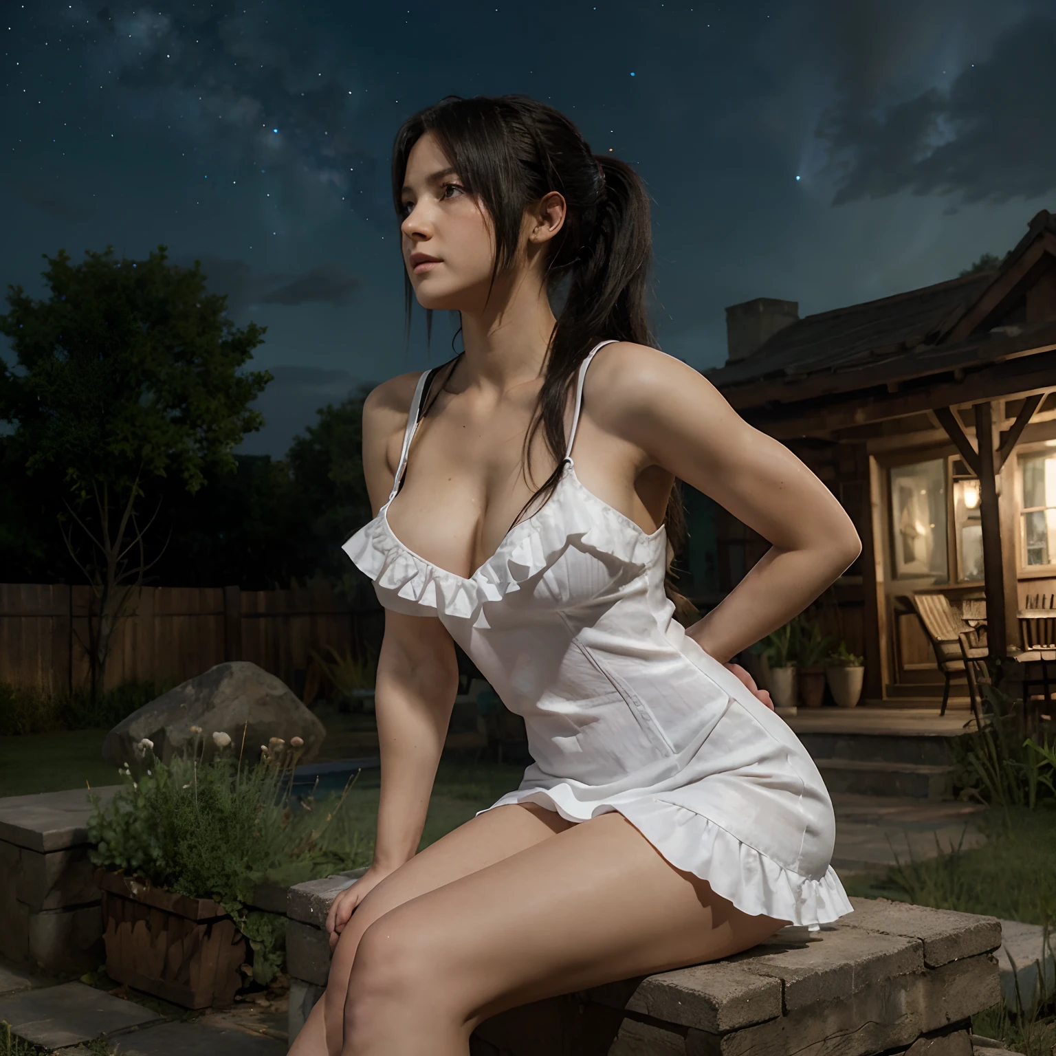 tifa lockhart, mksks style, (very detailed background:1.0), (highly detailed background:1.0), final fantasy vii remake, (red eyes), 1girl, bare shoulders, aqua dress, black hair, green dress, sleeveless dress , sundress, house, long hair, night, night sky, outdoors, ponytail, sitting, sky, sleeveless, sleeveless dress, star (sky), starry sky, town, aged down, small breasts, ((white frills)), (white dress),