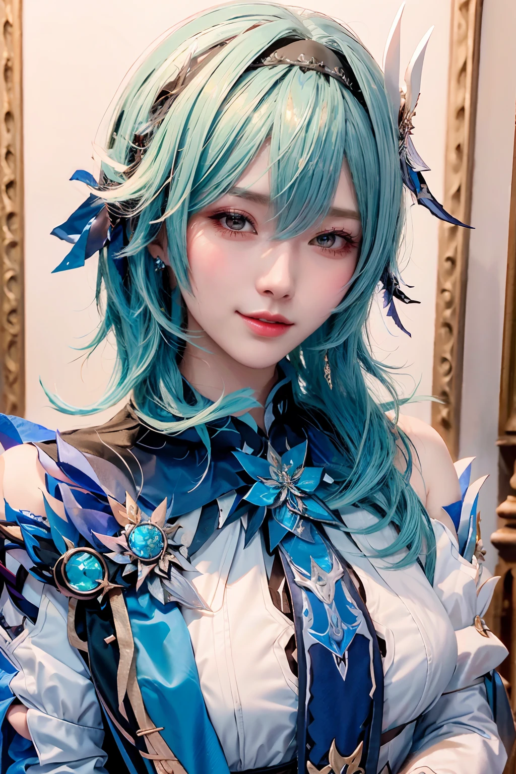 Beauty of a goddess, slim face, beautiful wan, 1girl, solo, (masterpiece:1.2), best quality, eula, genshin, high detailed, 8K resolution, looking at viewers, eula from genshin impact, outdoor, hairband, blue hair, necktie, cape, ((vision \(genshin impact\) )), long sleeves, gloves, sidelocks, (smiling), slender figure, ((wide beautiful eyes)), ((a close up portrait photo, head to bust))