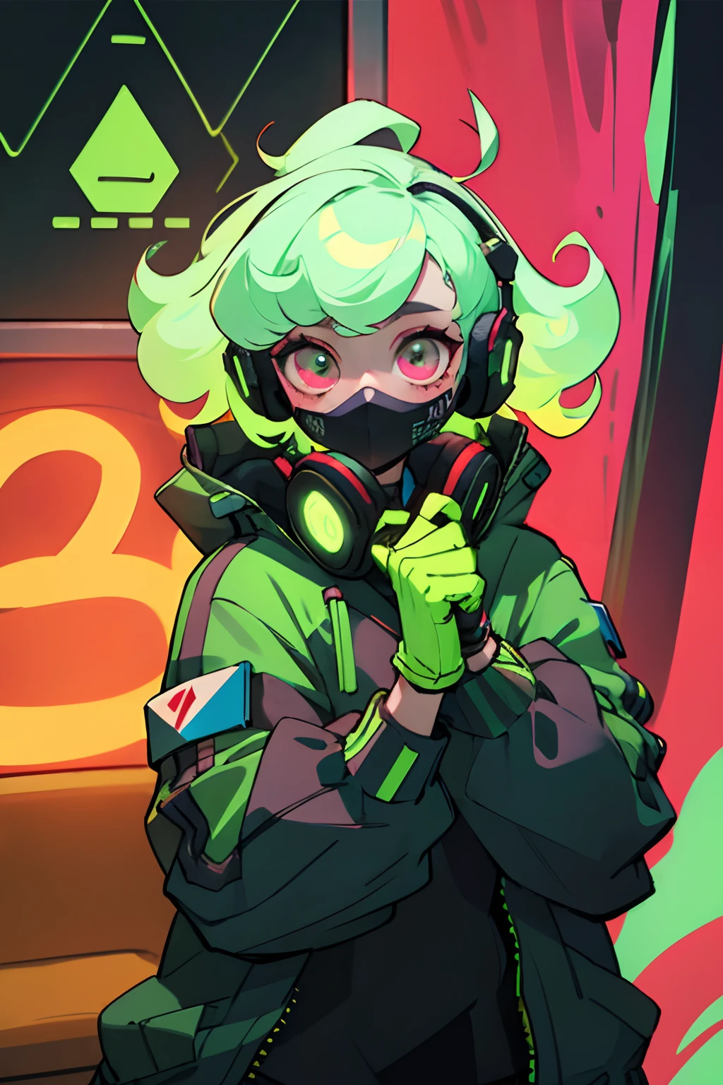 Kpop girl Inside a train, green gloves, face mask, looking at her phone, cool colorful jacket, listening to her headphone, lime green messy curly hair, neon glowing style, cool background, young