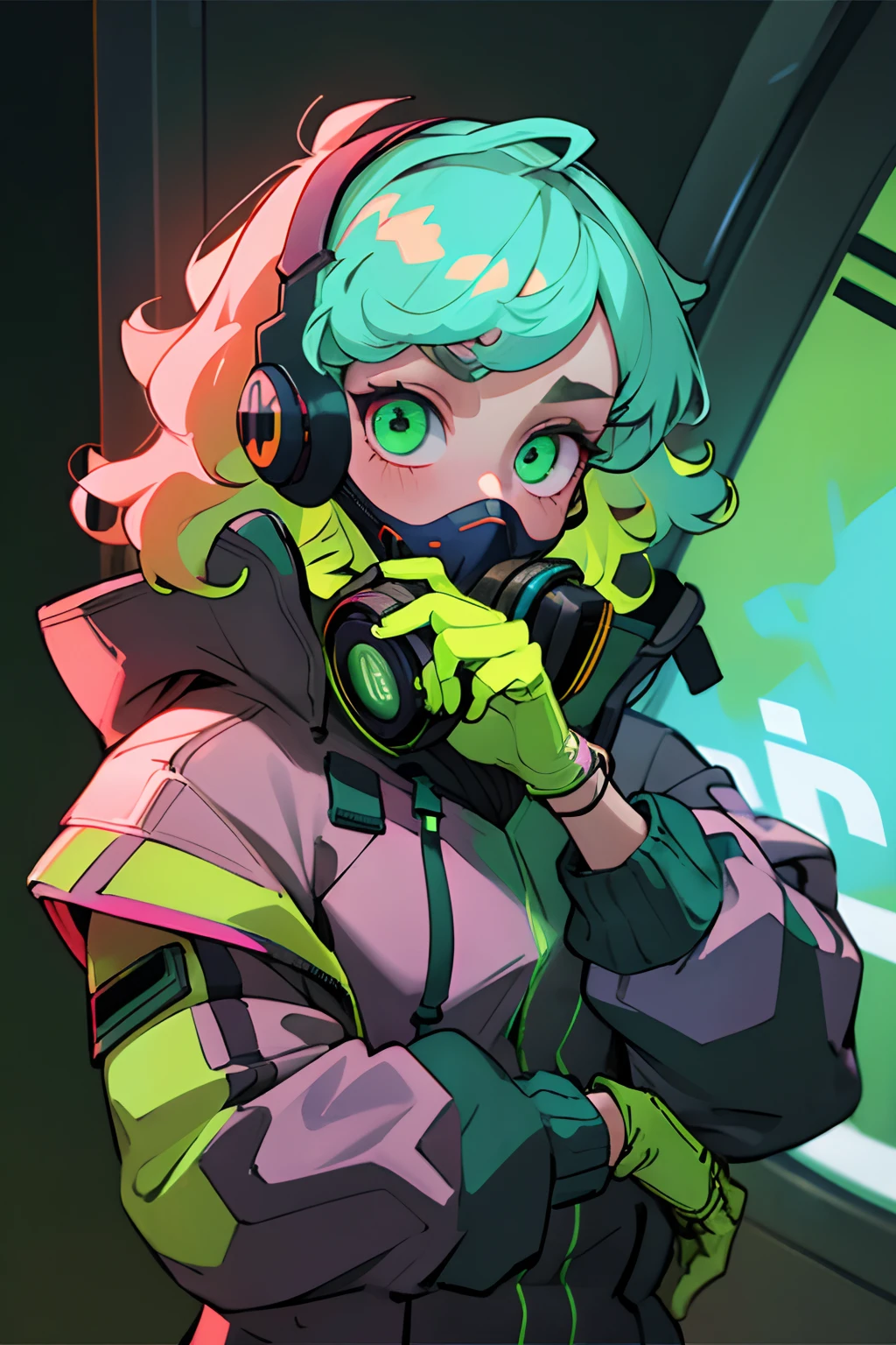 Kpop girl Inside a train, green gloves, face mask, looking at her phone, cool colorful jacket, listening to her headphone, lime green messy curly hair, neon glowing style, cool background, young