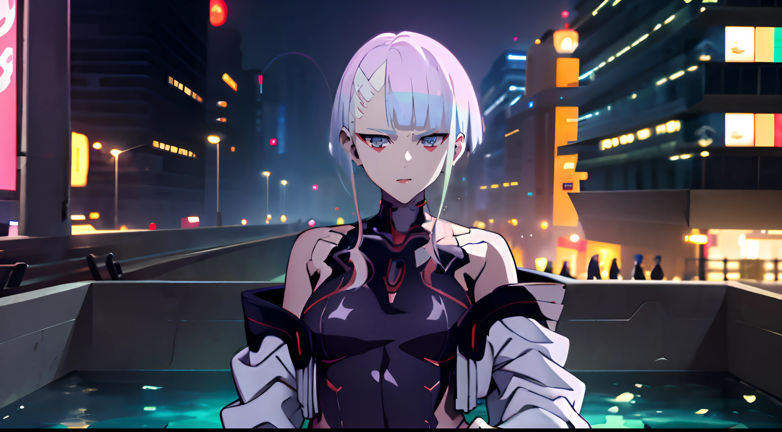 photo portrait, Beautiful figure, Lucy from the anime series Cyberpunk Edge Runner, a 1girl, facing the viewer, Beautiful figure (Proper Anatopy 1.1.), in full height (Body Full 1.1), Slim, Slender figure, Slender figure, shapely legs, Anime style, white colored hair, white colored hair, that disappear at the ends, Bob hairstyle, short white jacket, tight black suit, Cutouts on the shoulders, Cutouts on the chest, Neckline at the waist, Skinny black leather pants, Very detailed face, Very beautiful face, Very sexy ass, in full height (Body Full 1.1), Tall android girl, small elastic breasts, Little ass, Glitter Head Mask, Hair is gathered in a braid, Beautiful slim figure, small buttocks, A braid around the head, Round braid, Red Star in the Forehead, Short Brown Jacket, black tight suit, darkly，gris & Dark Style：1.1), Light, femininity，tmasterpiece，beste-Qualit，higly detailed，Visible to the feet， 8K resolution， High Sharp， 8K resolution， higly detailed， 8K UHD， Professional lighting， Photon mapping，physical based rendering， a perfect face， detailed face and body， ray traced， expressive look， Cinmatic Lighting，elastic small breasts, Heightened sexuality，