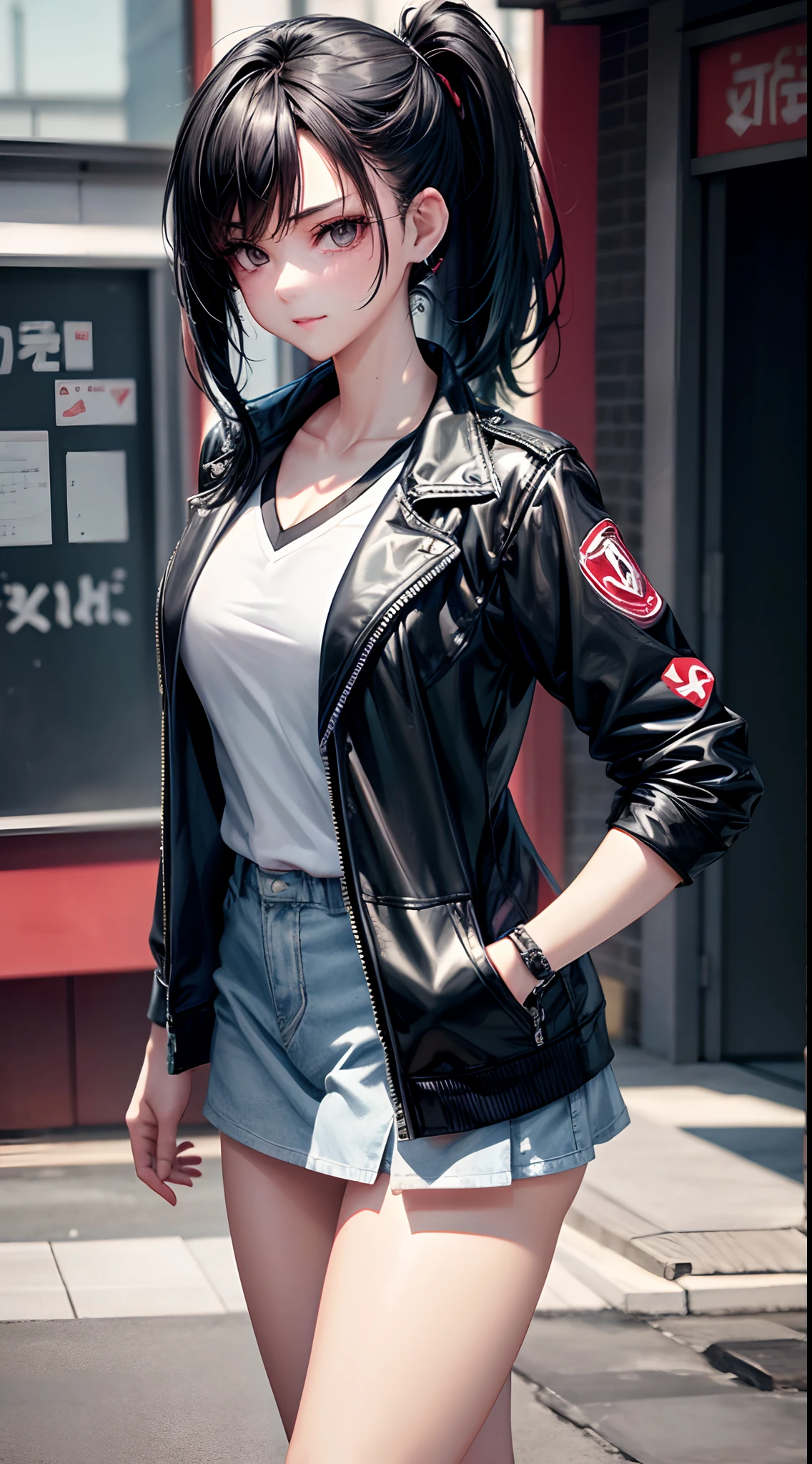 age Greaser Female, Black Hair, Black Eye, White High School Outfit, Black Jacket, Japan High School Theme, Happy Emotion mood, Sassy, Cute, Portait, 3D, Anime, HDR, HD, Background, RTX, 2K, Masterpiece.