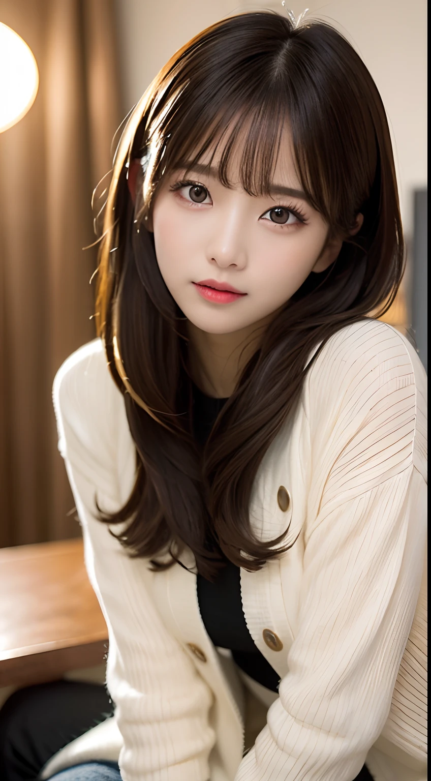masutepiece, Best Quality, Illustration, Ultra-detailed, finely detail, hight resolution, 8K Wallpaper, Perfect dynamic composition, Beautiful detailed eyes, Winter clothes,Medium Hair,small tits,Natural Color Lip, a room、20 years girl、Cute、Show the camera your sexy look,Face that feels ecstasy,blur backgroun,KPOP Idol Face,Cute,Shooting you from the knees upwards