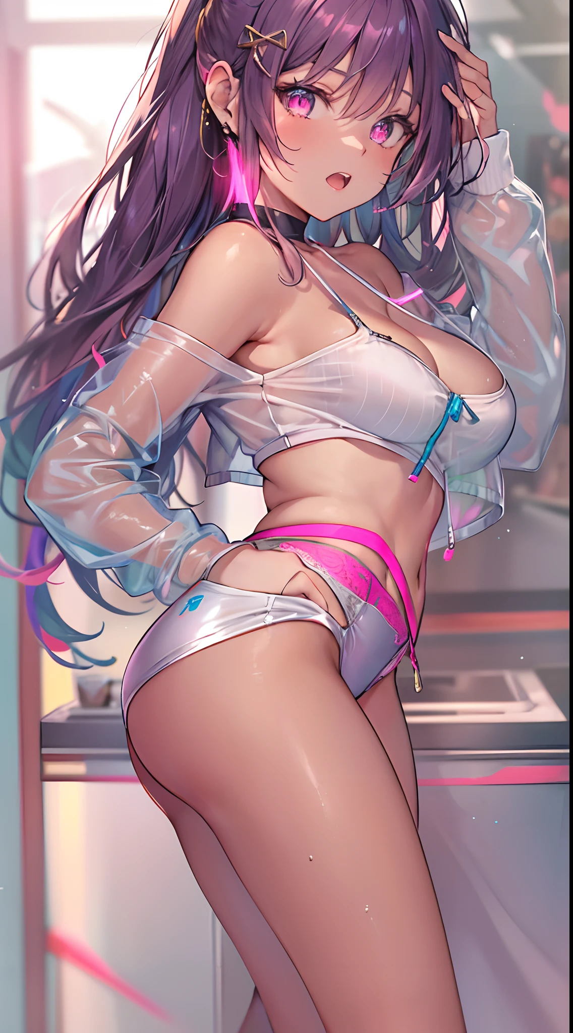 ((Masterpiece)), best quality, absurderes, ultra detailed, holographic, cowboy shot, golden ratio, super cute girl, mature girl, idol girl, super beautiful asian girl with very beautiful violet glowing eyes, beautiful glowing brown multicolored hair, high ponytail, nice and sexy body, slim body, perfect body, an anime printed super tight off shoulder long sleeve crop top, a super aesthetic transparent mini jacket, beautiful hair ornament, pink jordan tennis, being photographed in a mall shop,( undressing, showing neon pink panties, showing thong: 1.5)