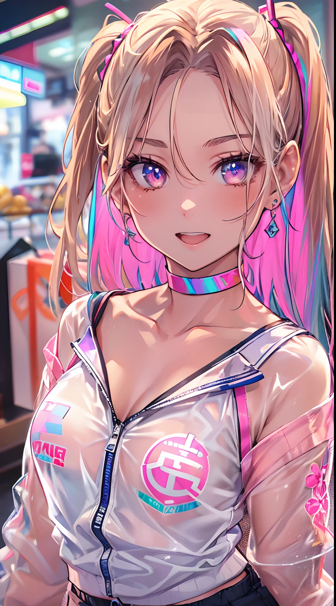 ((Masterpiece)), best quality, absurderes, ultra detailed, holographic, cowboy shot, golden ratio, super cute girl, mature girl, idol girl, super beautiful asian girl with very beautiful violet glowing eyes, beautiful glowing brown multicolored hair, high ponytail, nice and sexy body, slim body, perfect body, an anime printed super tight off shoulder long sleeve crop top, wearing super tight anime print micro shorts, a super aesthetic transparent mini jacket, beautiful hair ornament, pink jordan tennis, being photographed in a mall shop,( undressing, taking off micro shorts, showing neon pink panties, showing thong: 1.5)