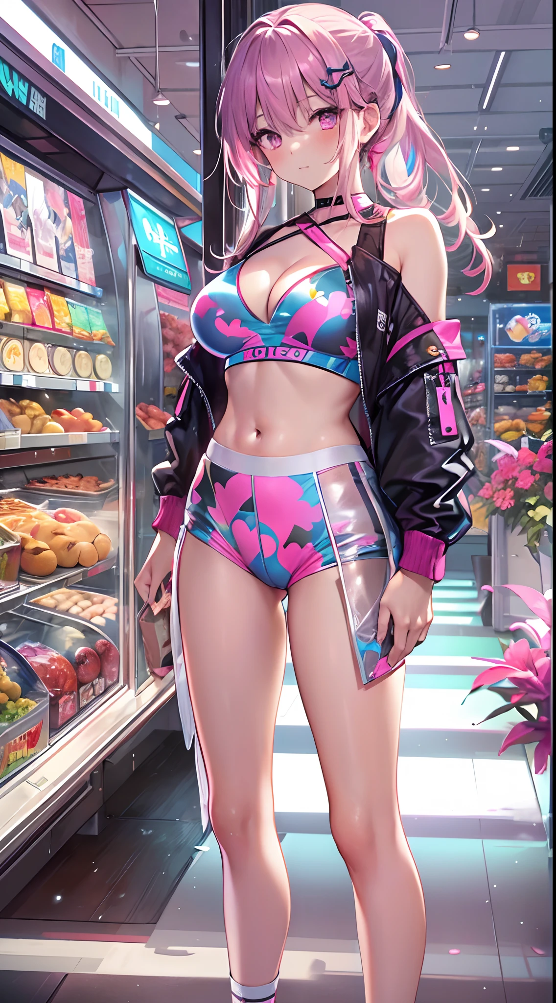 ((Masterpiece)), best quality, absurderes, ultra detailed, holographic, cowboy shot, golden ratio, super cute girl, mature girl, idol girl, super beautiful asian girl with very beautiful violet glowing eyes, beautiful glowing brown multicolored hair, high ponytail, nice and sexy body, slim body, perfect body, an anime printed super tight off shoulder long sleeve crop top, wearing super tight anime print micro shorts, a super aesthetic transparent mini jacket, beautiful hair ornament, pink jordan tennis, being photographed in a mall shop,( undressing, taking off micro shorts, showing neon pink panties, showing thong: 1.5)