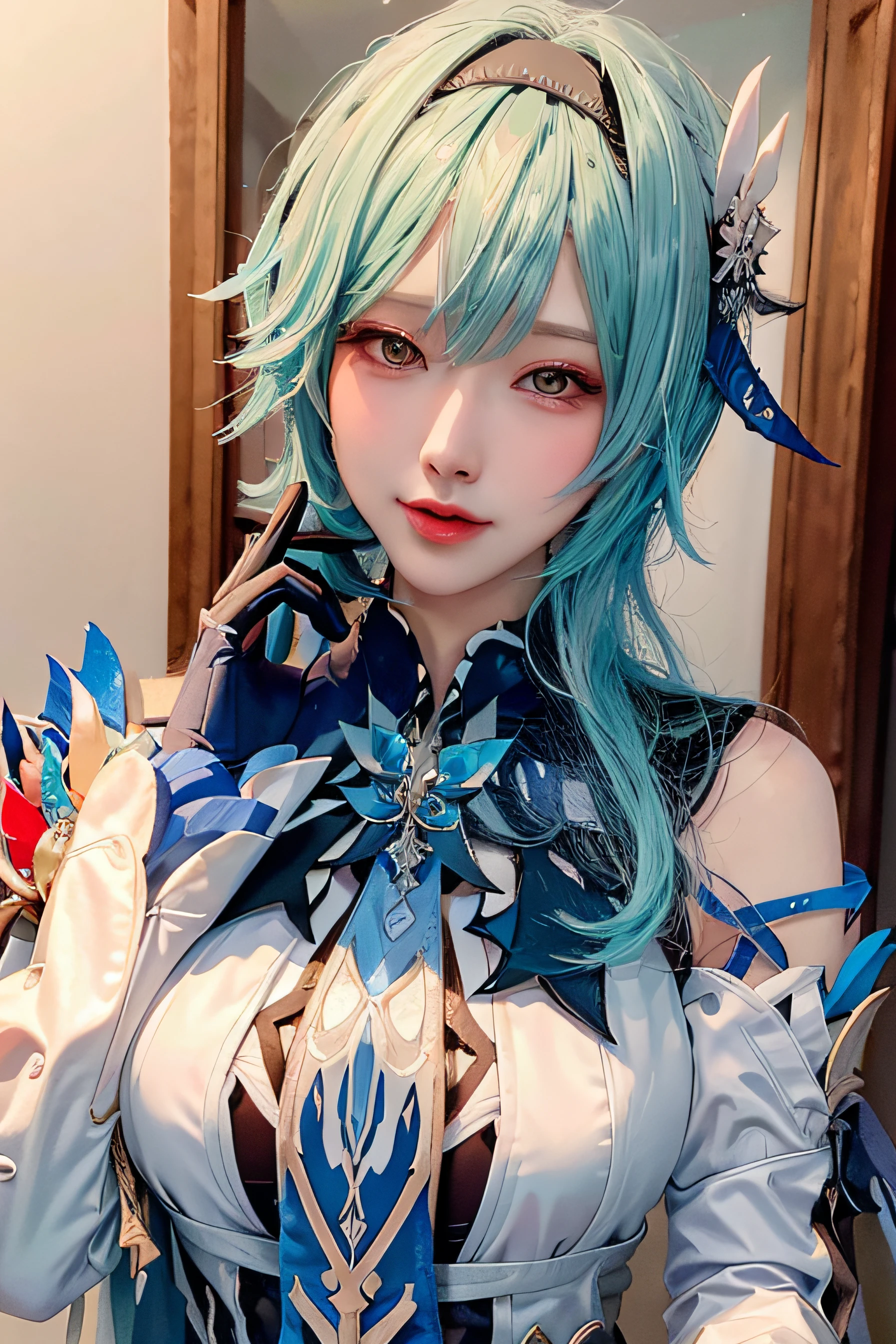 Beauty of a goddess, slim face, beautiful wan, 1girl, solo, (masterpiece:1.2), best quality, eula, genshin, high detailed, 8K resolution, looking at viewers, eula from genshin impact, outdoor, hairband, blue hair, necktie, cape, ((vision \(genshin impact\) )), long sleeves, gloves, sidelocks, (smiling), slender figure, ((wide beautiful eyes)), ((a close up portrait photo, head to bust))