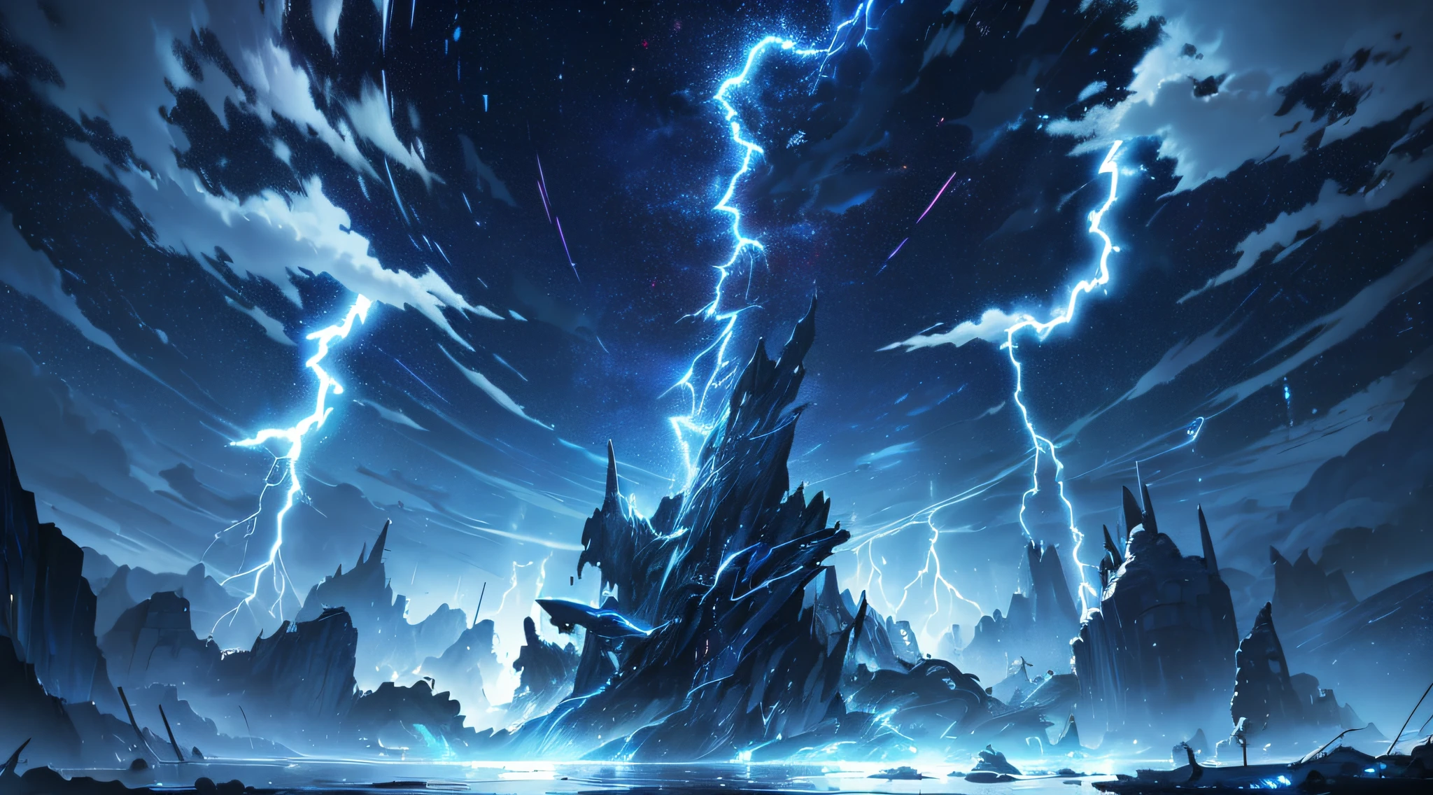 masterpiece、Background with((Fantastic Great Storm、lightning bolt、lightning、plural、very heavy rain))、Depth((Planets that glow blue))、Looking up