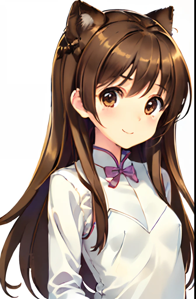 (Highest quality illustrations:1.3), (Kawaii Girl:1.3), (1girl in, 独奏:1.5), (childish、One pose、cute little、Neat and clean image、ultradetailed eyes:1.2)、(small tits,flat breast:1.1)、((Brown-eyed、Brown hair:1.5))、((Shy smile))
