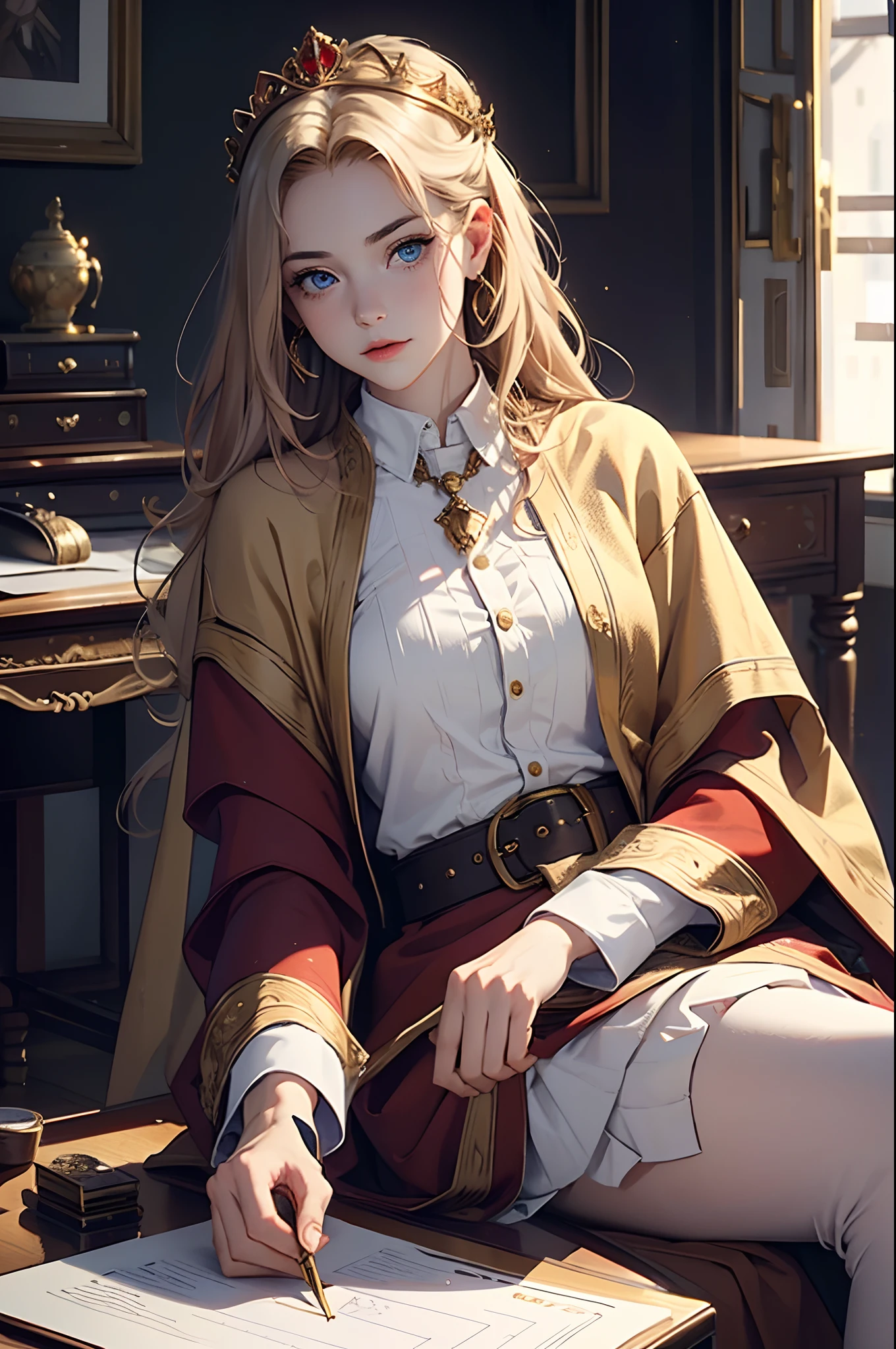 (Masterpiece: 1.2, Best quality), Realistic, (Realistic picture, Complex details, Depth of field), Best quality, Masterpiece, Highly detailed, Half realistic, 1 girl, Mature female, 21 years old, with short golden hair, The left eye is covered with hair, Blue eyes, The king's clothes, Red cloak, Slim figure, A crown made of precious gold, Read and mark up documents, quill, office desk, Soft bench，04