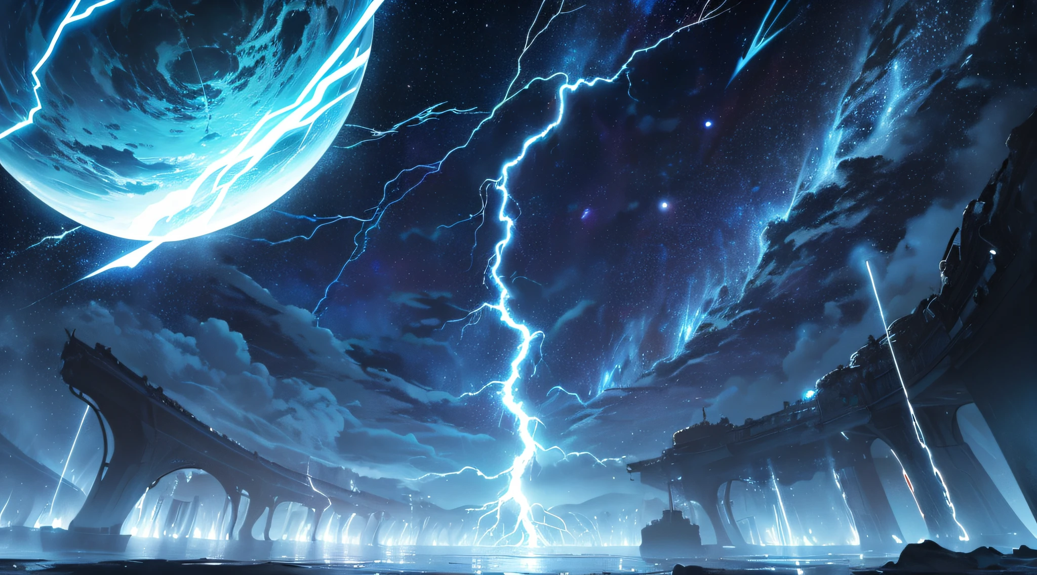 masterpiece、Background with((Fantastic Great Storm、lightning bolt、lightning、plural、very heavy rain))、Depth((Planets that glow blue))、Looking up