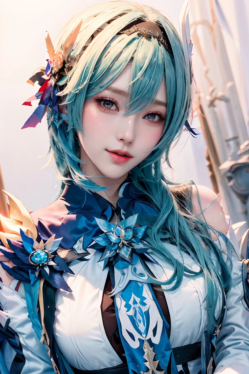 Beauty of a goddess, slim face, beautiful wan, 1girl, solo, (masterpiece:1.2), best quality, eula, genshin, high detailed, 8K resolution, looking at viewers, eula from genshin impact, outdoor, hairband, blue hair, necktie, cape, ((vision \(genshin impact\) )), long sleeves, gloves, sidelocks, (smiling), slender figure, ((wide beautiful eyes)), ((a close up portrait photo, head to bust))