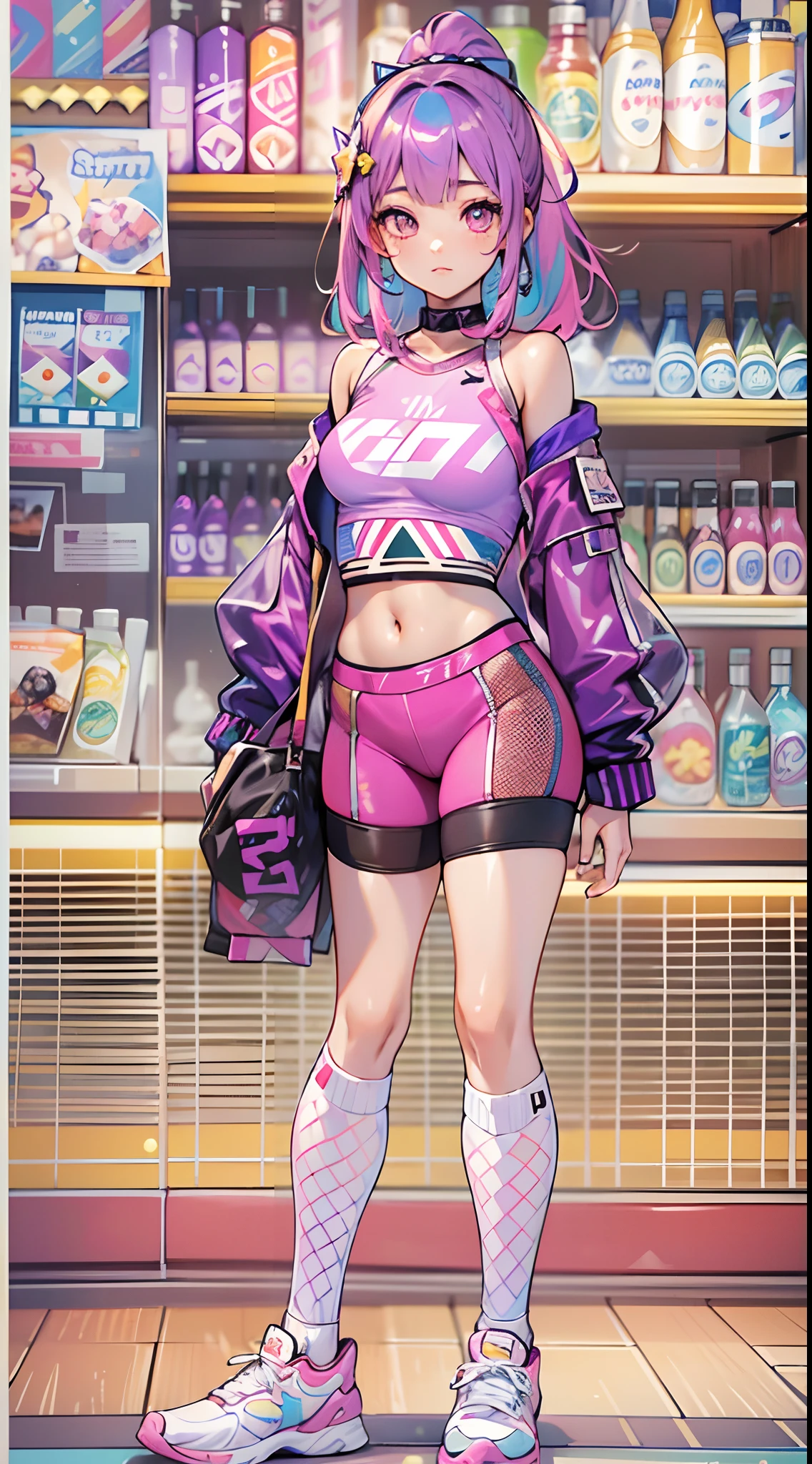 ((Masterpiece)), best quality, absurderes, ultra detailed, holographic, cowboy shot, golden ratio, super cute girl, mature girl, idol girl, super beautiful asian girl with very beautiful violet glowing eyes, beautiful glowing brown multicolored hair, high ponytail, nice and sexy body, slim body, perfect body, wearing a super tight anime printed leotard, an anime printed super tight off shoulder long sleeve crop top, a super aesthetic transparent mini jacket, beautiful hair ornament, pink jordan tennis, being photographed in a mall shop,